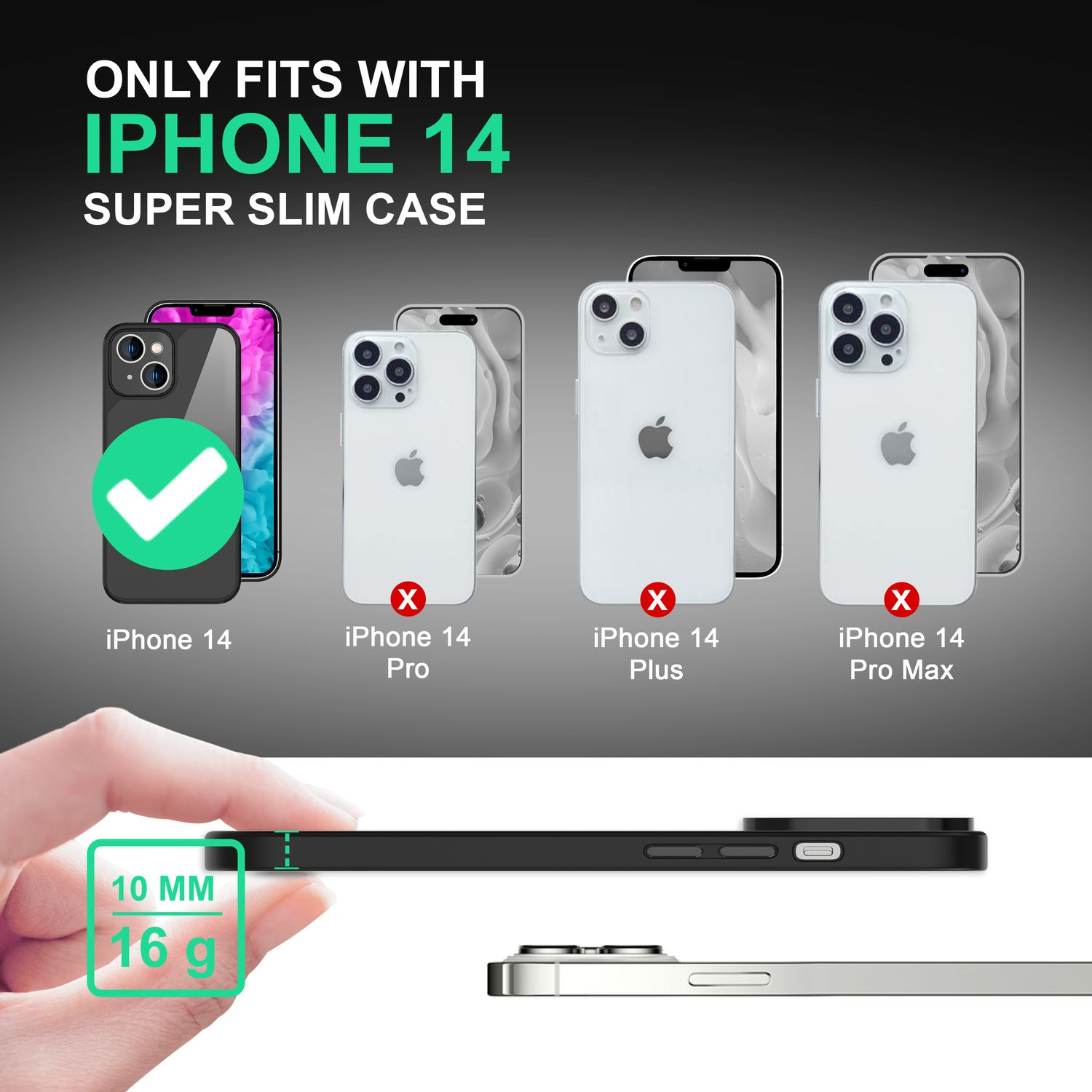 L'immagine mostra la compatibilità della custodia dell'iPhone 14. Si adatta solo all'iPhone 14. Altri modelli sono contrassegnati con 'X'. Mano che tiene la custodia, 10 mm e 16 g.
