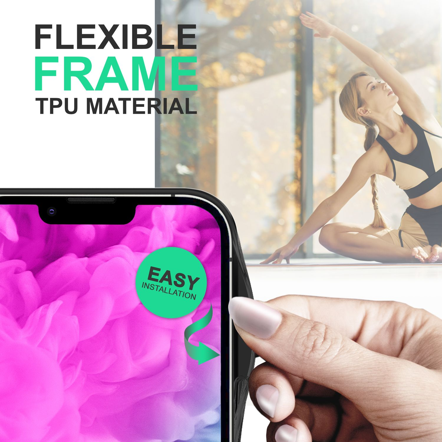 Una custodia per telefono è tenuta in mano. Una donna fa yoga sullo sfondo. Il testo recita: cornice flessibile, materiale TPU, facile installazione.