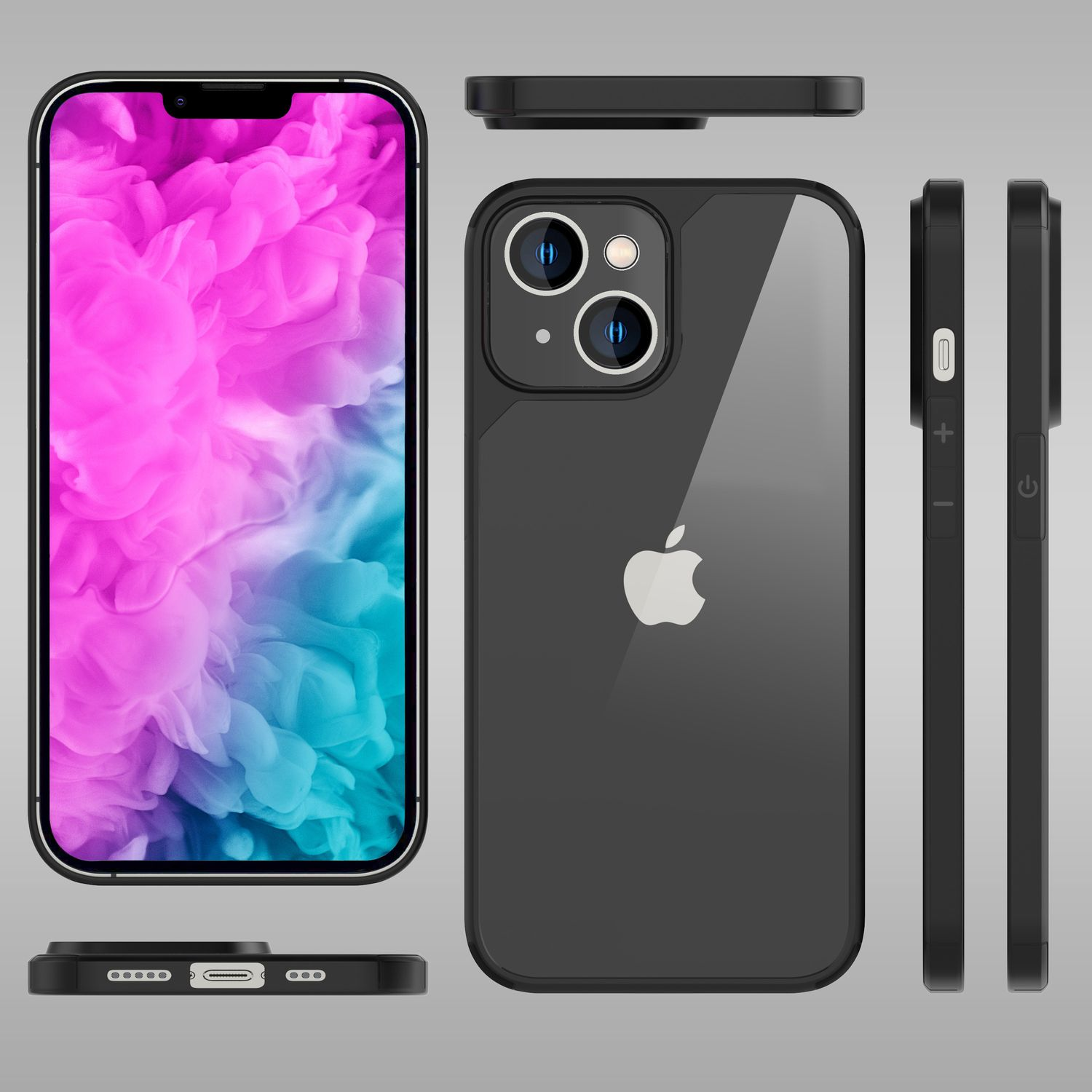 Un mockup di iPhone con custodia nera. Il display mostra rosa e blu. Vengono mostrate varie angolazioni del telefono, compresi la parte superiore, inferiore e i lati.