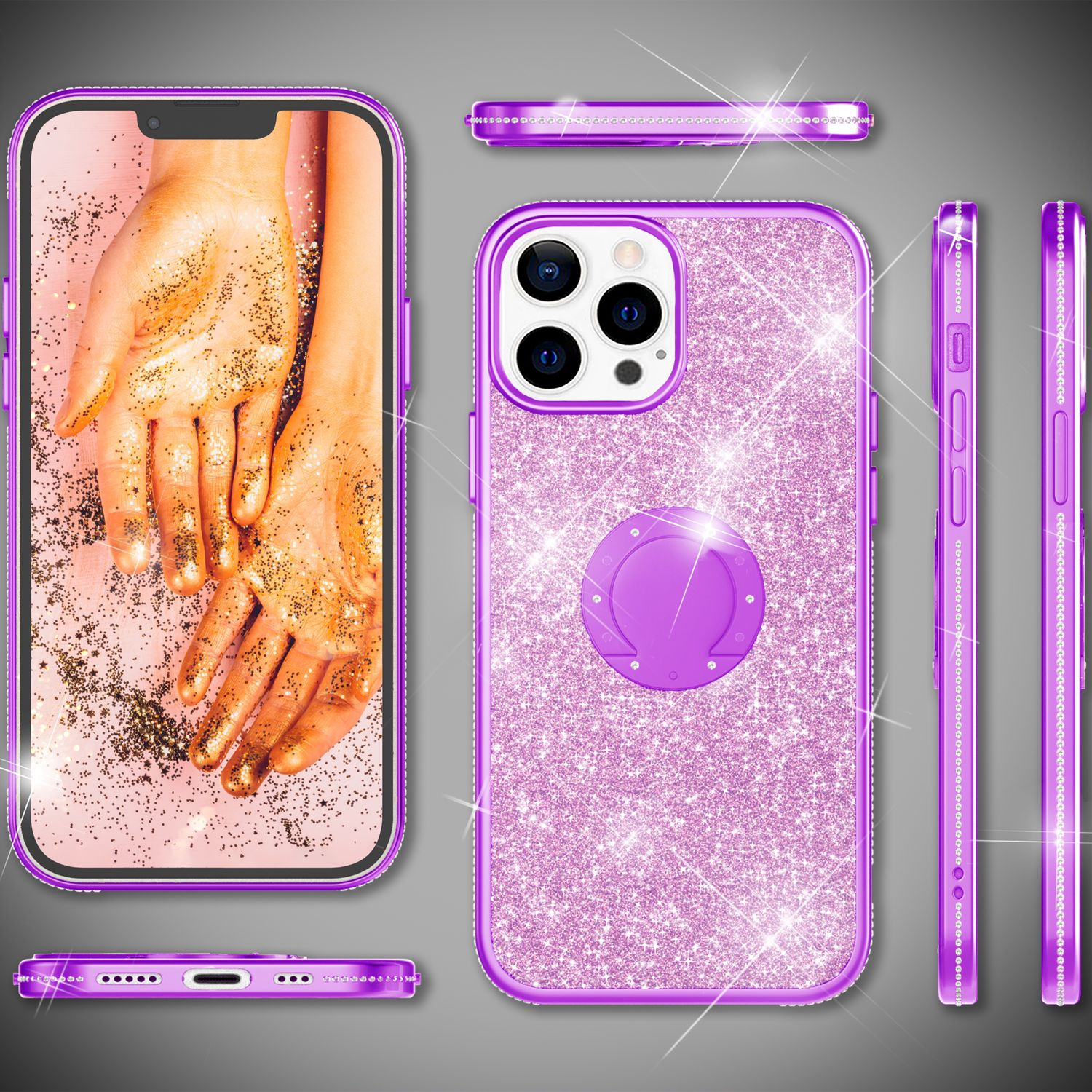 Una funda de teléfono morada con purpurina con un teléfono a la izquierda, que muestra manos cubiertas de purpurina dorada. La funda tiene un soporte de anillo.