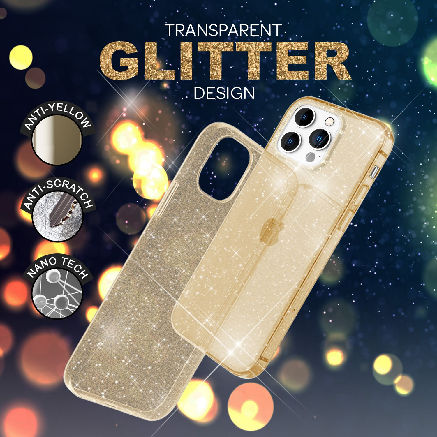 Viene mostrata una custodia per telefono glitterata, con icone che indicano anti-ingiallimento, antigraffio e funzionalità nanotecnologiche. Sfondo bokeh.
