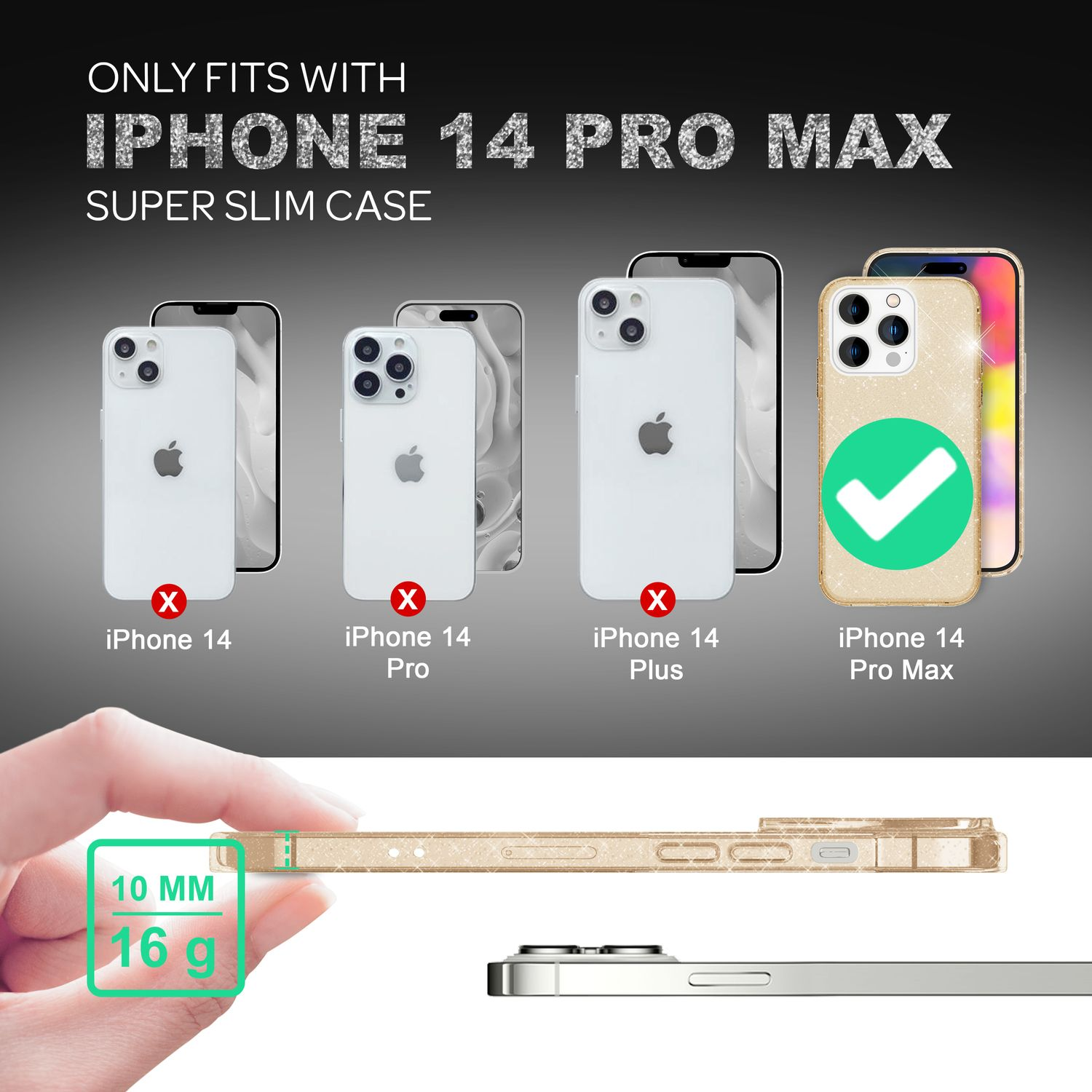 L'immagine mostra la compatibilità delle custodie per iPhone. Solo iPhone 14 Pro Max è compatibile. Include anche le dimensioni, 10 mm e 16 g.