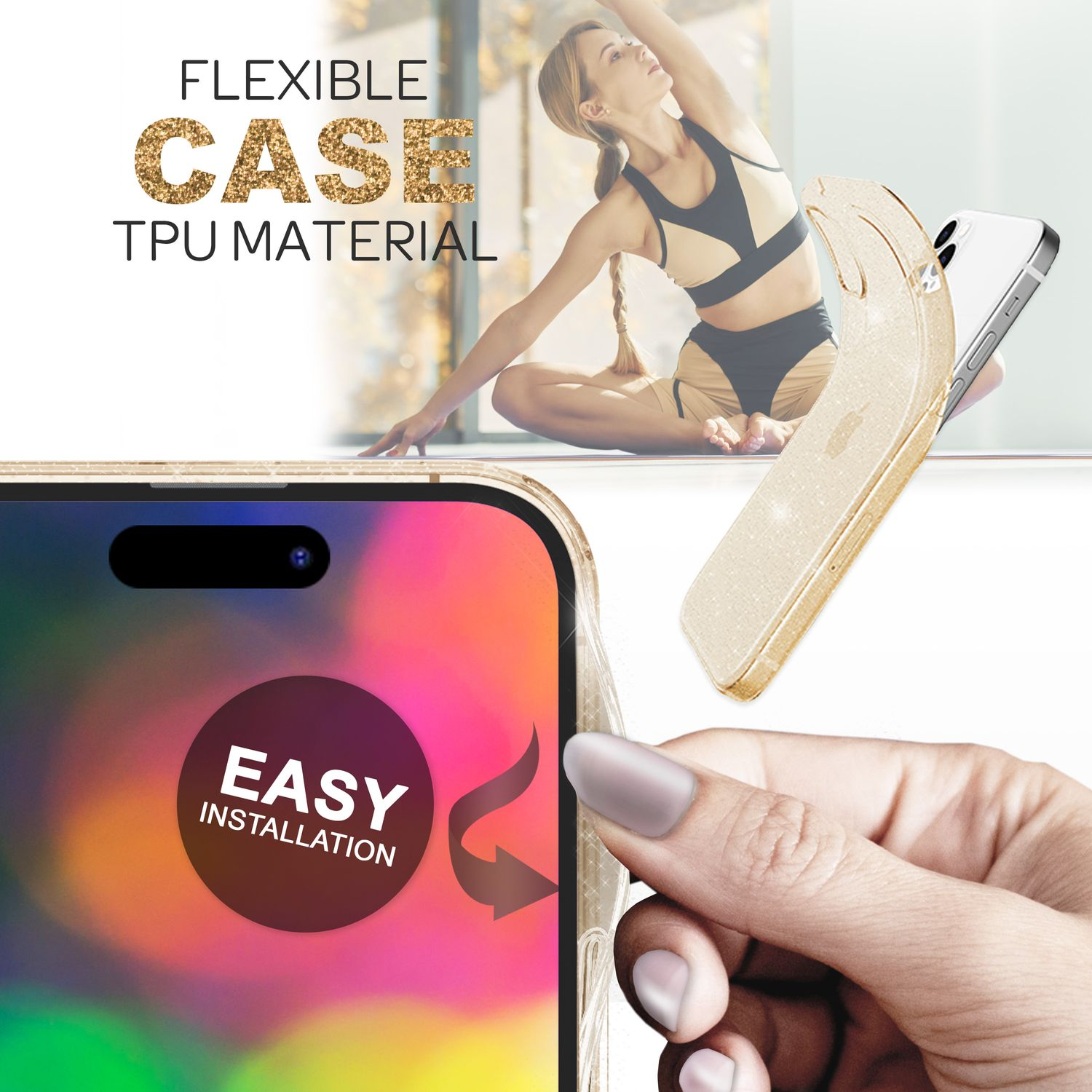 L'immagine mostra una custodia per telefono con una donna che fa yoga sullo sfondo. Il testo dice 'Flexible Case TPU Material' e 'Easy Installation'.