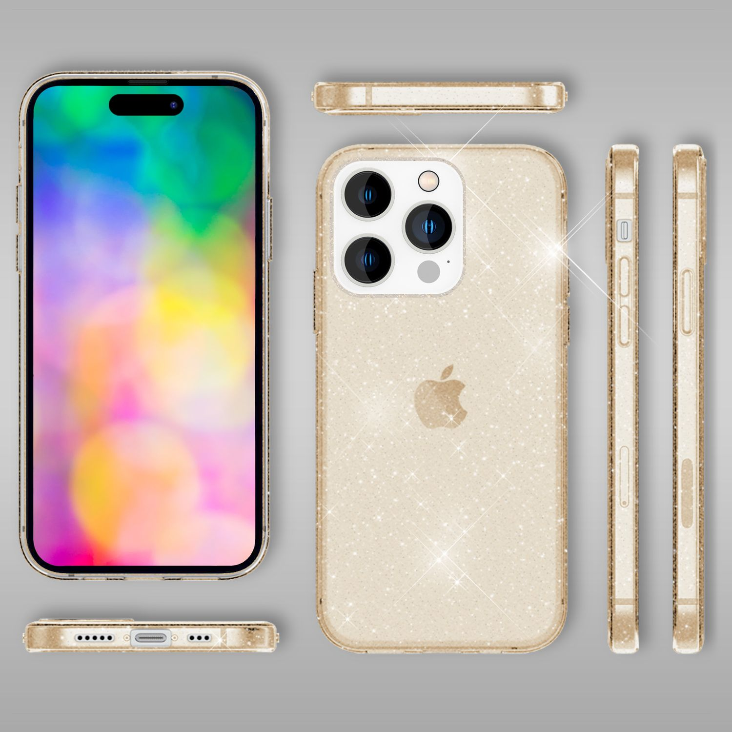 Vengono visualizzati un iPhone e una custodia. Lo schermo del telefono presenta arte astratta colorata. La custodia è dorata con brillantini. Sono mostrate più viste.