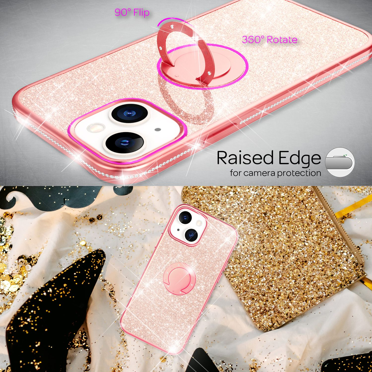 Una funda de teléfono rosa con purpurina y un soporte de anillo. La funda está sobre una superficie blanca con tacones negros y un bolso dorado con purpurina.