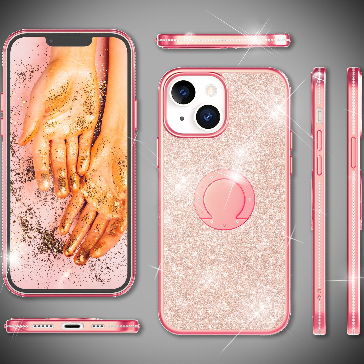 Funda de teléfono rosa con purpurina y un teléfono que muestra una mano cubierta de purpurina dorada. Múltiples vistas de la funda.