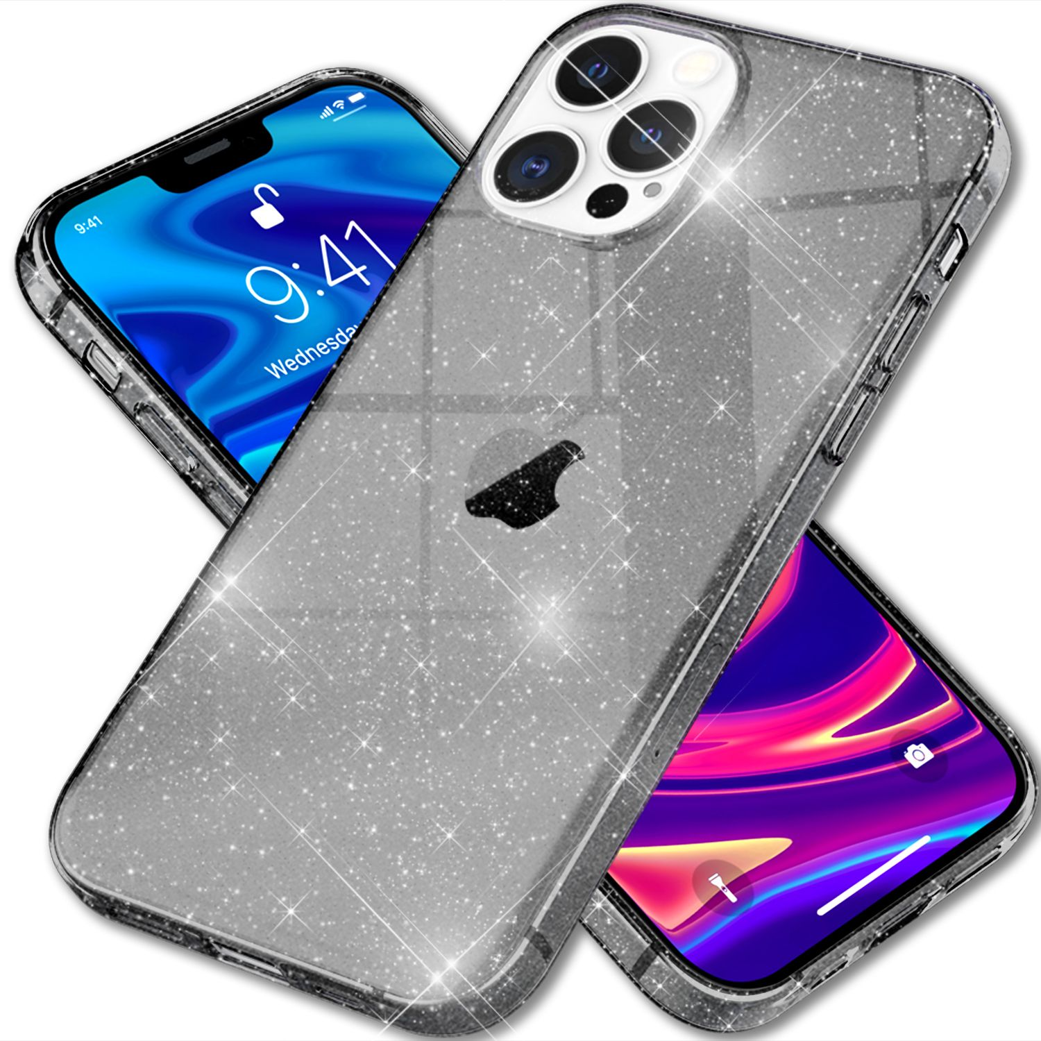 Tres iPhones con fundas. Uno muestra una pantalla de bloqueo, los otros tienen fundas brillantes. Las fundas son transparentes.