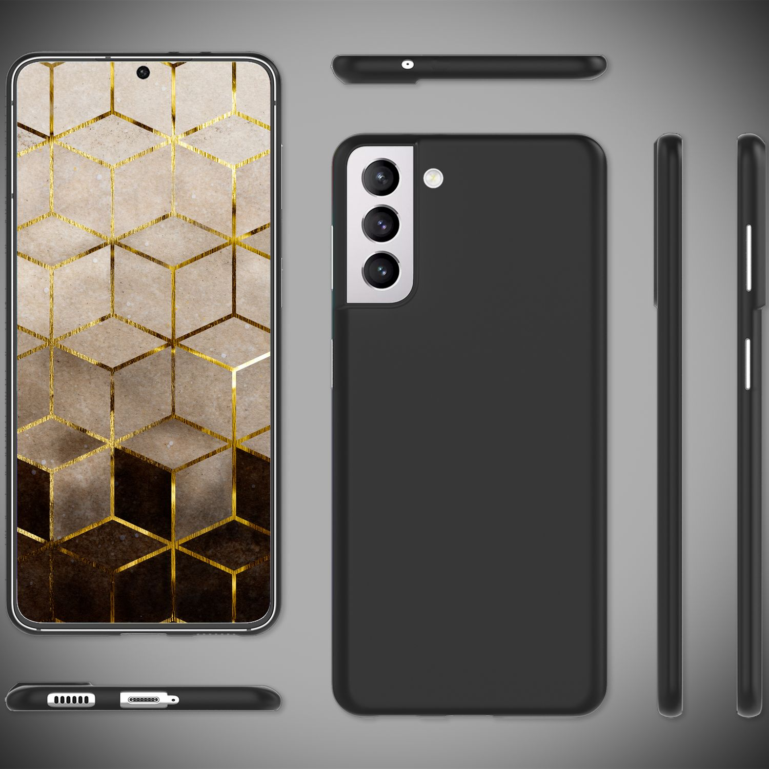 Ein Smartphone mit schwarzem Gehäuse. Der Bildschirm zeigt ein goldenes geometrisches Muster. Zusätzliche Ansichten des Telefons werden gezeigt.