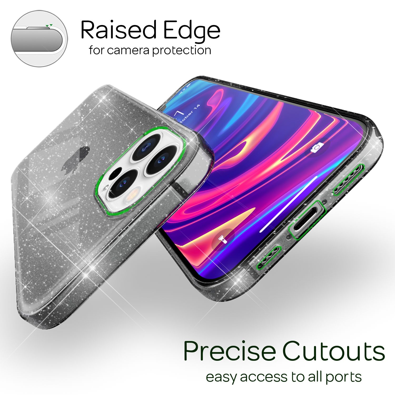 Funda transparente con purpurina y un teléfono dentro, mostrando la pantalla con fecha. Texto: Raised Edge, Precise Cutouts.