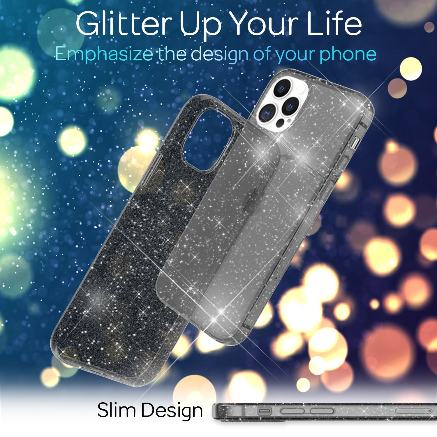 La imagen muestra fundas de teléfono con efecto purpurina. El texto dice 'Glitter Up Your Life' y 'Slim Design'.
