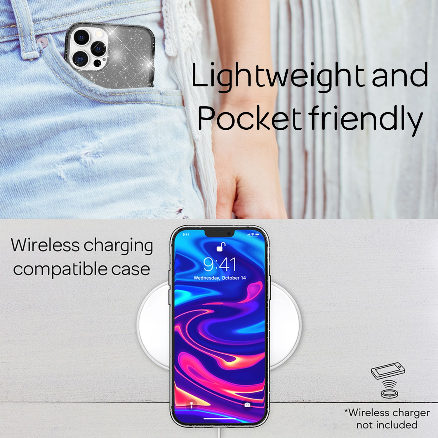 Un teléfono con funda en un bolsillo. Un teléfono descansa sobre un cargador inalámbrico. Texto: Ligero y de bolsillo, compatible con carga inalámbrica.