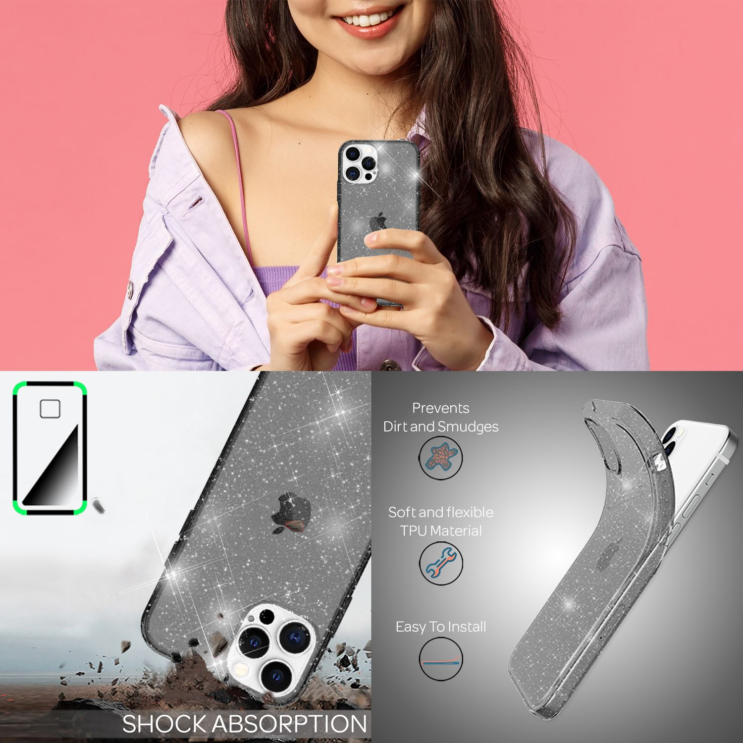 Una mujer sostiene un teléfono brillante. El teléfono tiene una funda protectora. Características: absorción de impactos e instalación sencilla.