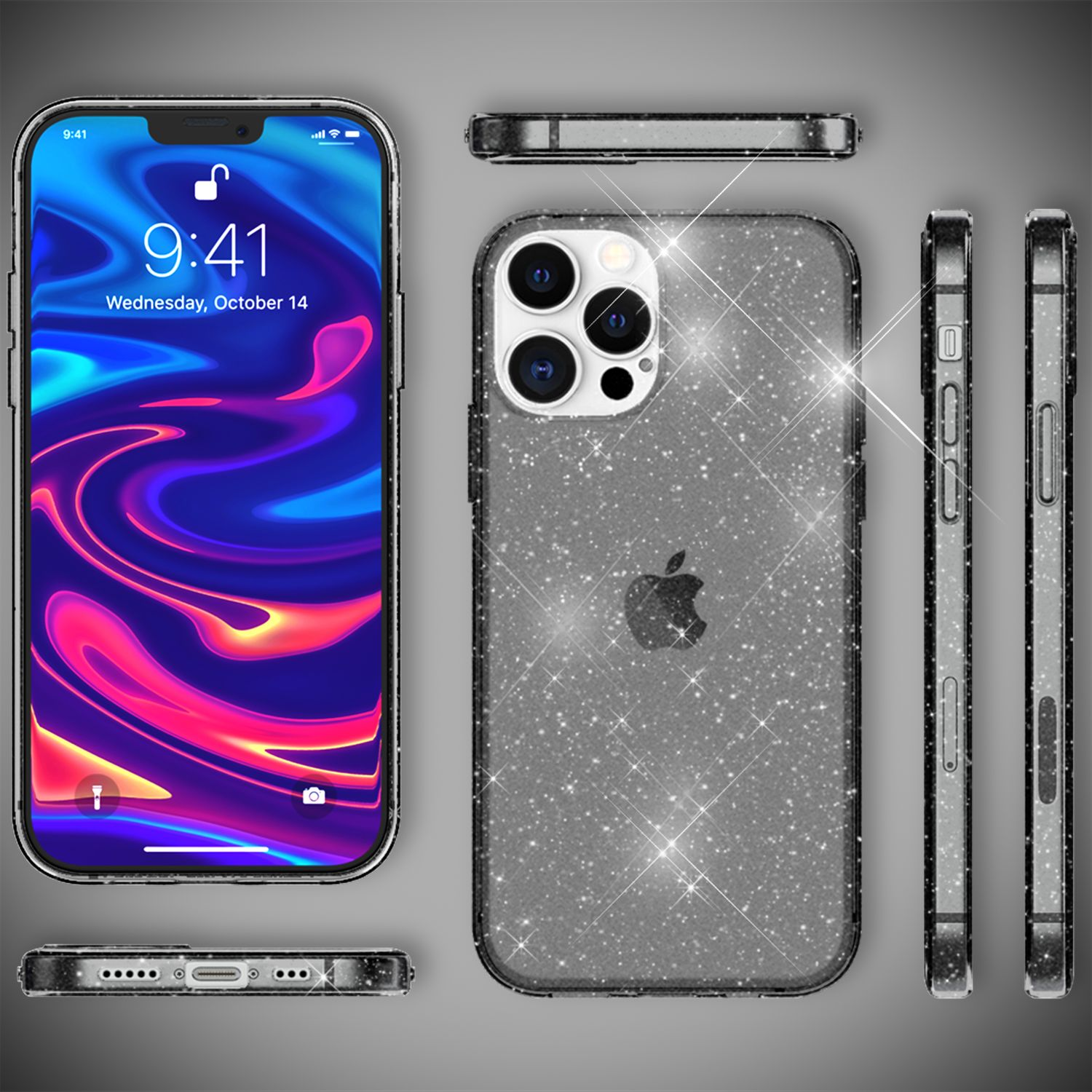 Un iPhone con funda, múltiples vistas. El teléfono muestra un fondo de pantalla abstracto y colorido. La funda es brillante con un logo de Apple.