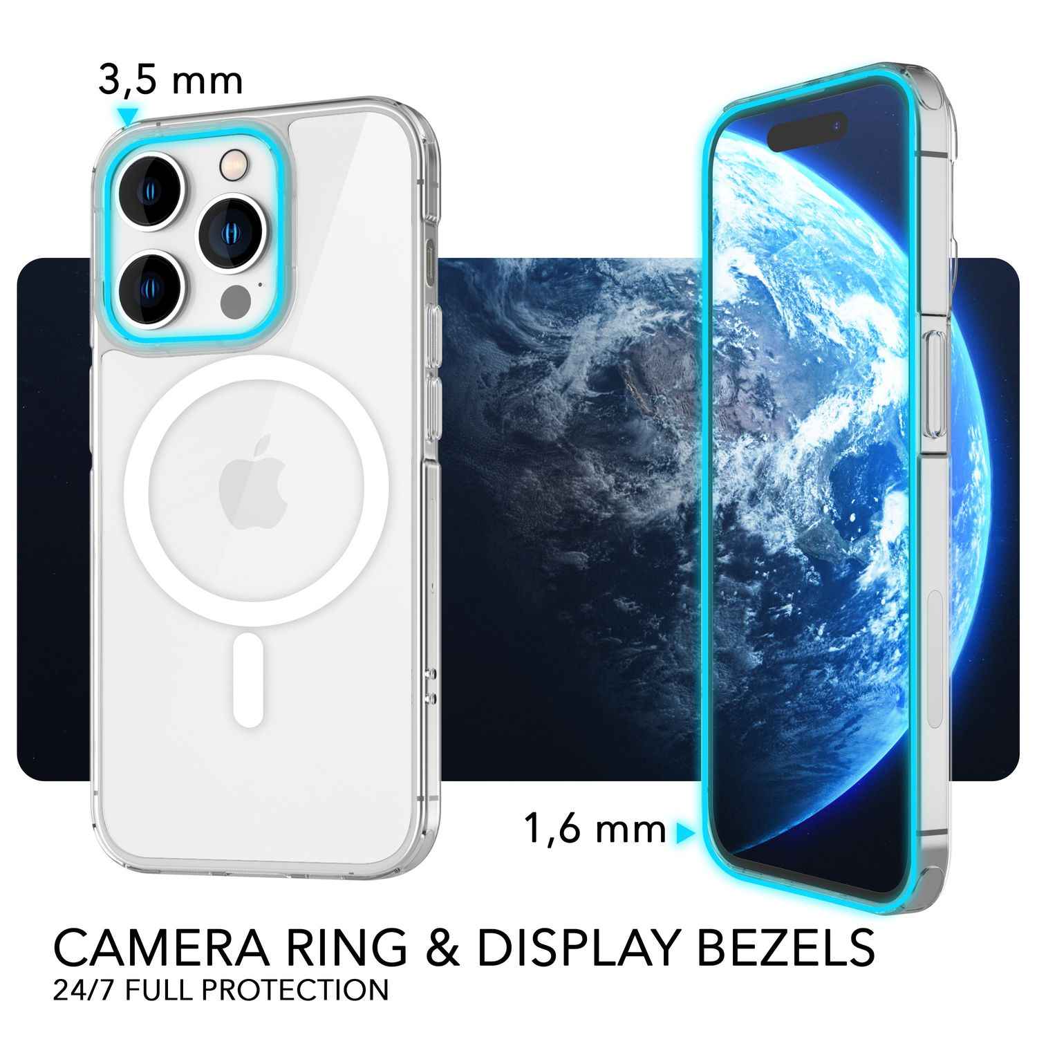Funda transparente para teléfono con detalles azules, anillo de cámara y biseles de pantalla. Muestra un teléfono con imagen de la tierra.
