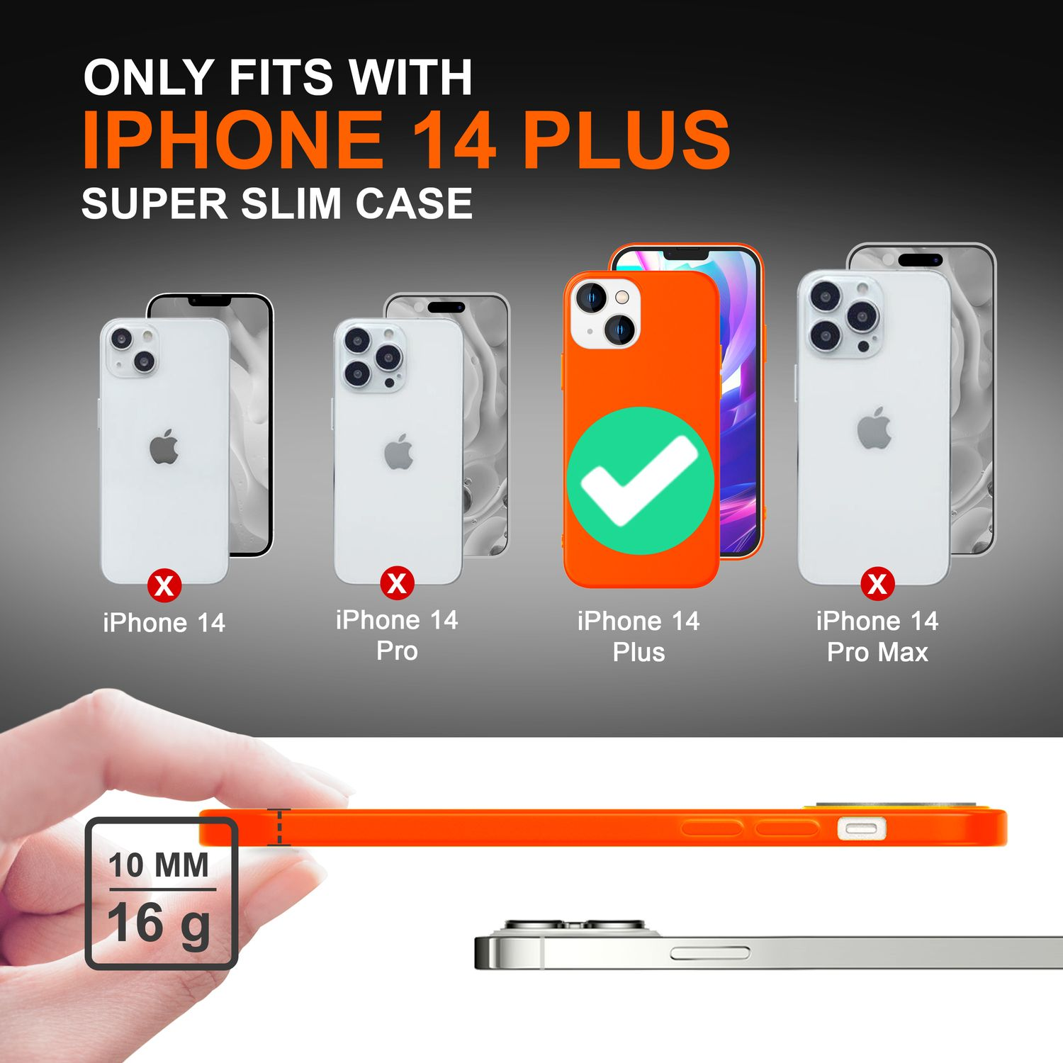 L'immagine mostra la compatibilità della custodia dell'iPhone 14 Plus. I telefoni sono visualizzati con un segno di spunta su Plus e Xs sugli altri. La custodia è arancione, i dettagli sono mostrati.