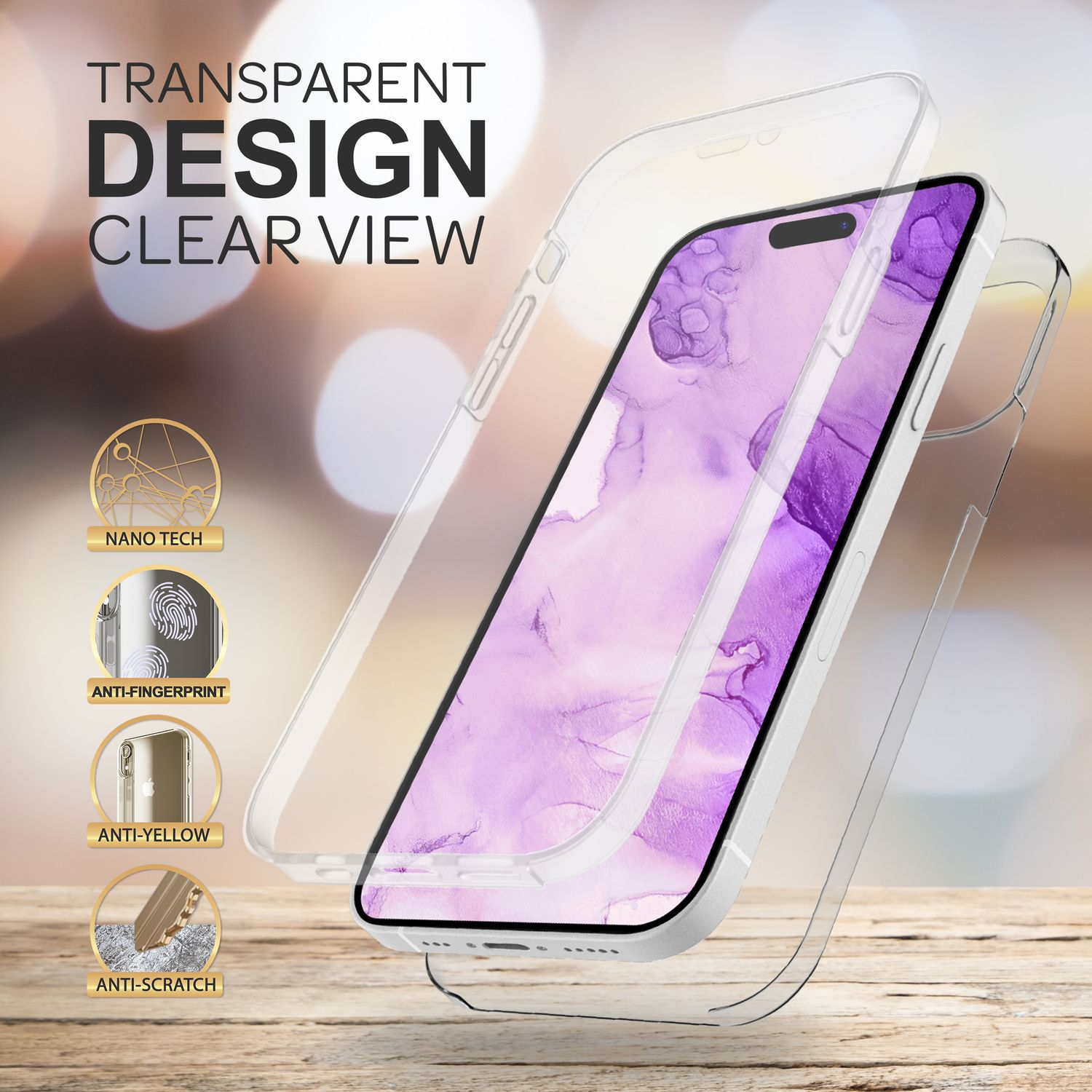 Un telefono in una custodia trasparente, con testo 'design trasparente visione chiara'. Le icone mostrano nano tech, anti-impronte, anti-giallo e anti-graffio.