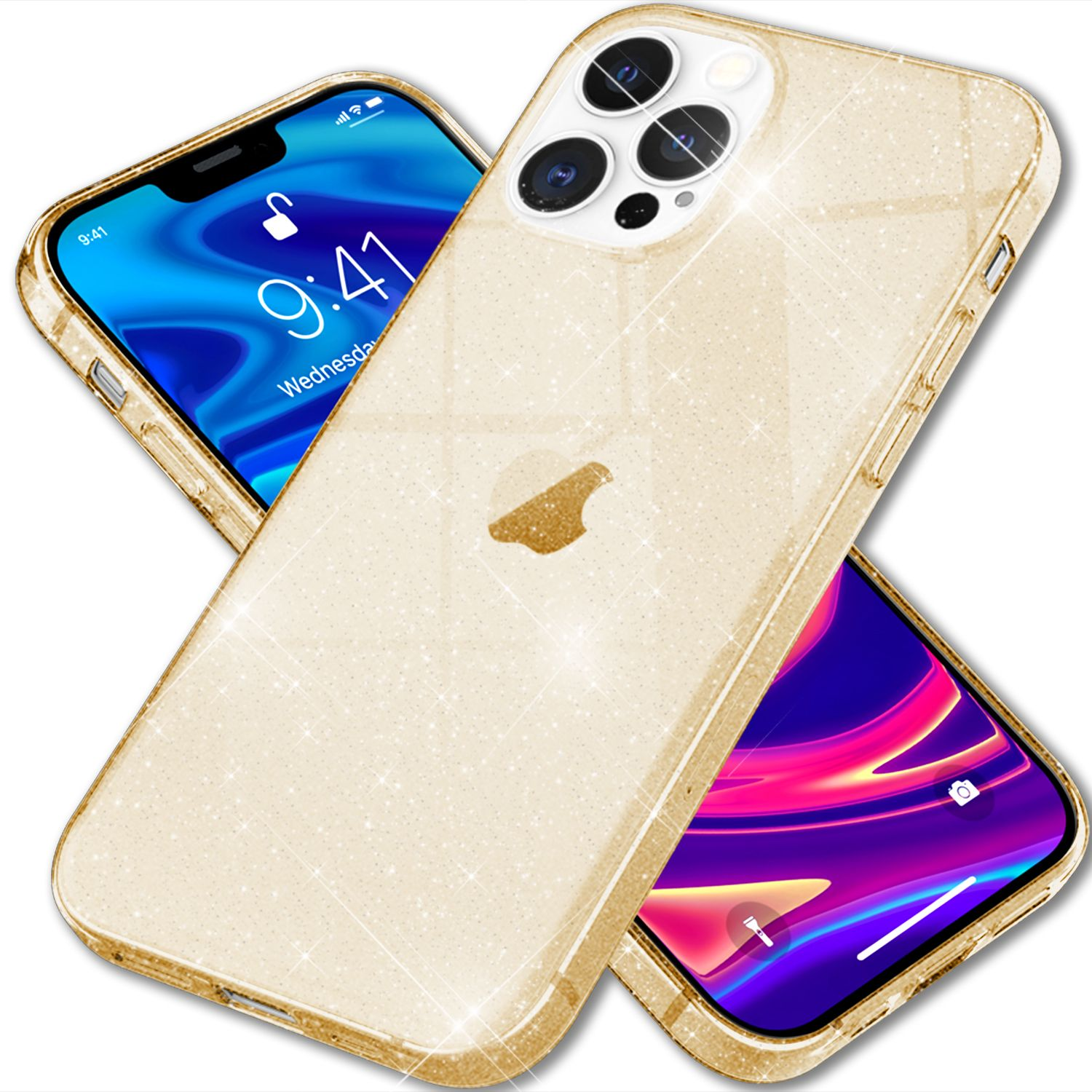 Dos fundas doradas para teléfono con purpurina. Una cubre un teléfono con pantalla azul que muestra el miércoles y las 9:41. La otra tiene una pantalla morada.