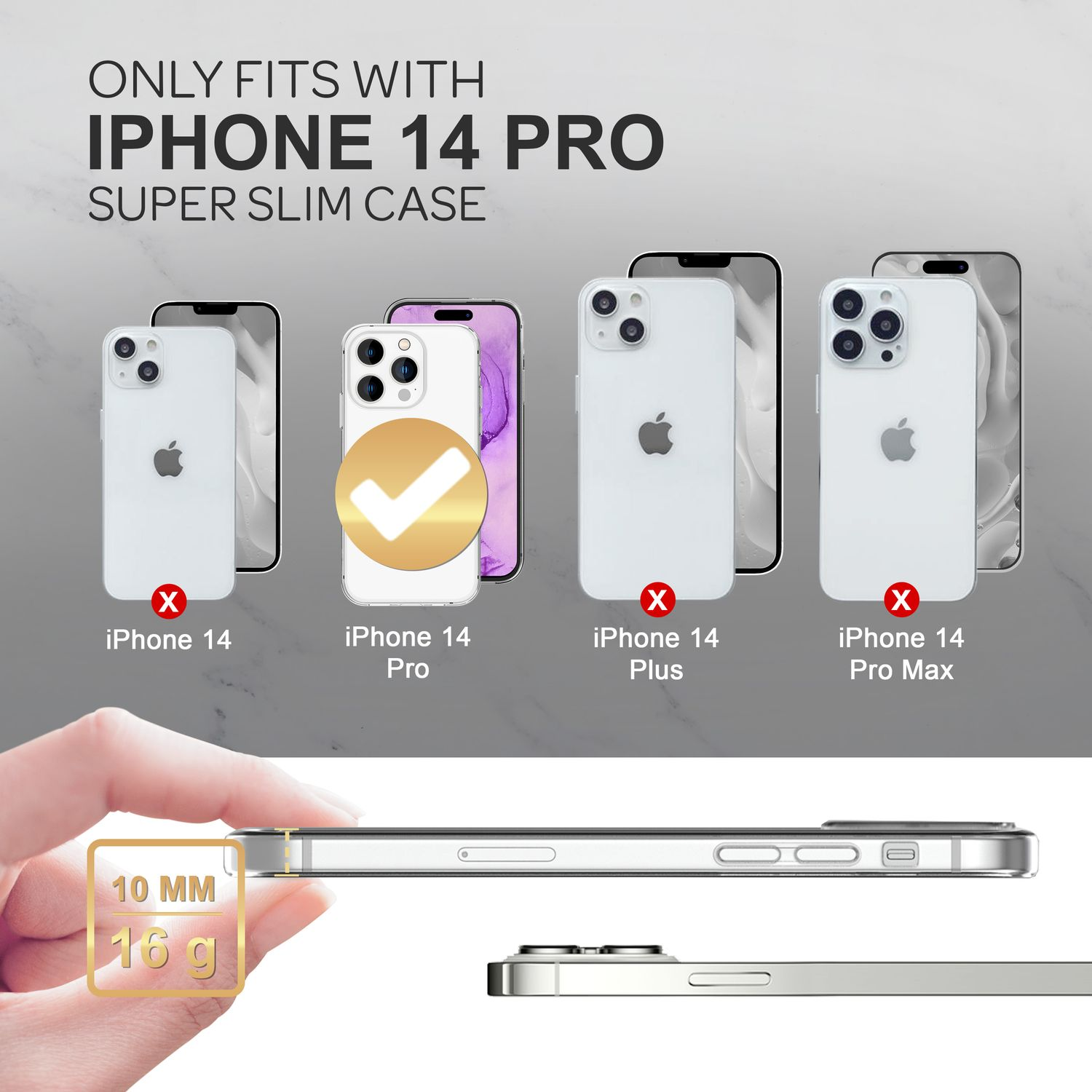 L'immagine mostra l'iPhone 14 Pro, una custodia super sottile. I telefoni sono visualizzati, con una mano che tiene un bordo della custodia. Vengono visualizzate anche le dimensioni.