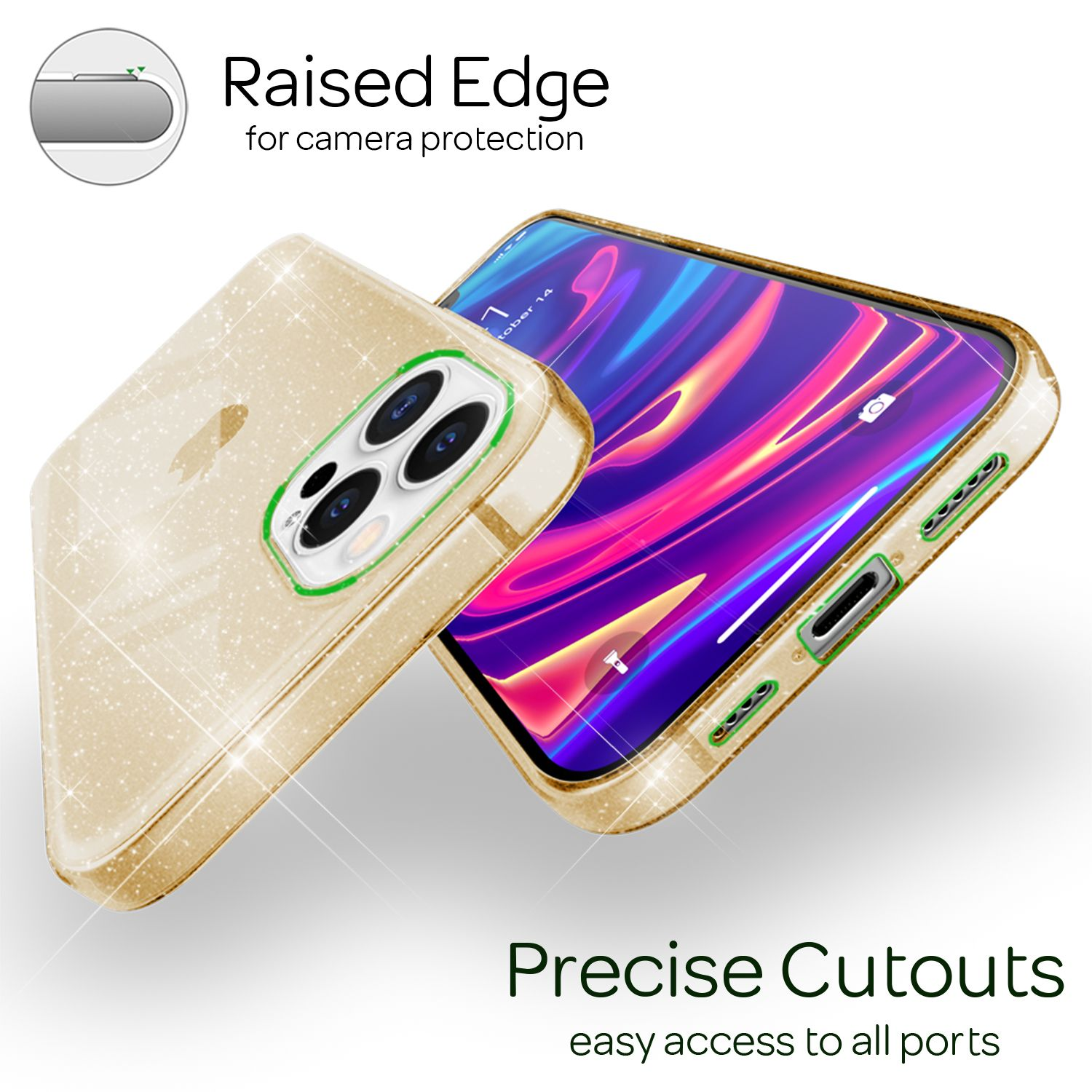 Dos fundas doradas para teléfono. Una con un teléfono que muestra una pantalla colorida. Texto: Borde elevado y Recortes precisos.