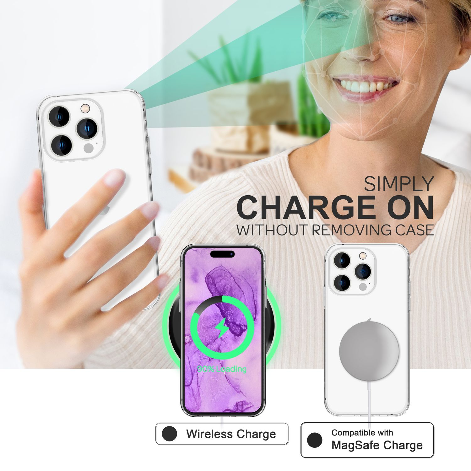 Donna che tiene in mano telefoni. Uno si carica in modalità wireless, l'altro con MagSafe. Testo: Carica senza rimuovere la custodia.