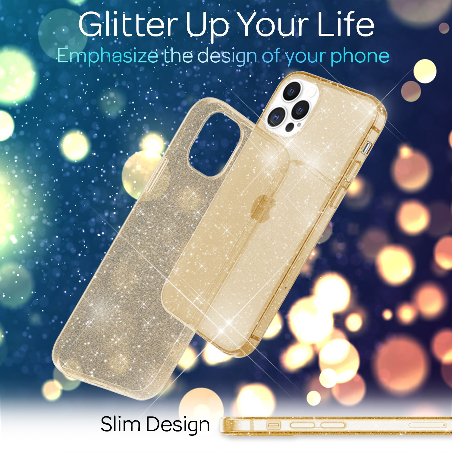 Se muestra una funda de teléfono brillante con un teléfono dentro. El texto dice 'Glitter Up Your Life'. El fondo es azul con bokeh.