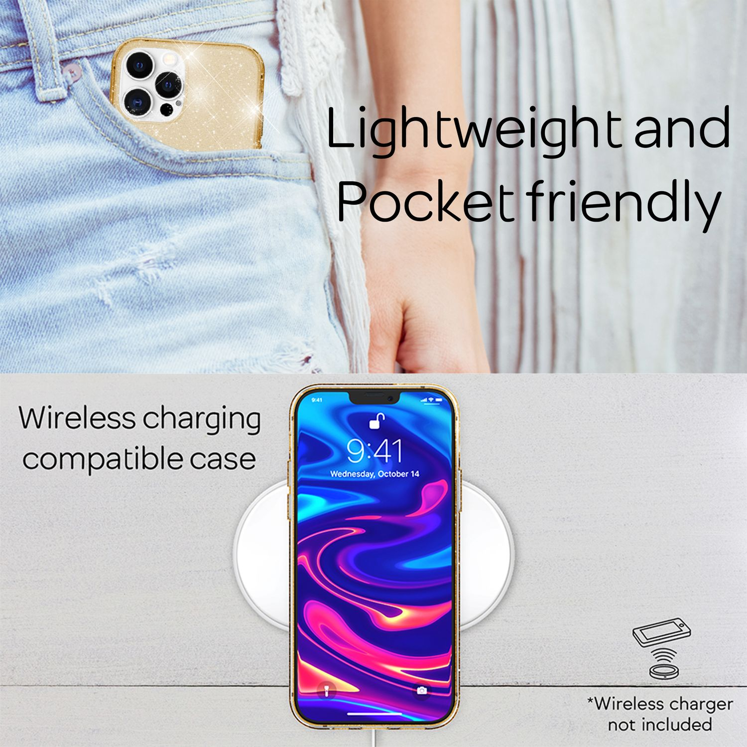 Un teléfono con funda dorada está en un cargador inalámbrico. Una funda de teléfono está en un bolsillo. Texto: ligero, apto para bolsillo y carga inalámbrica.