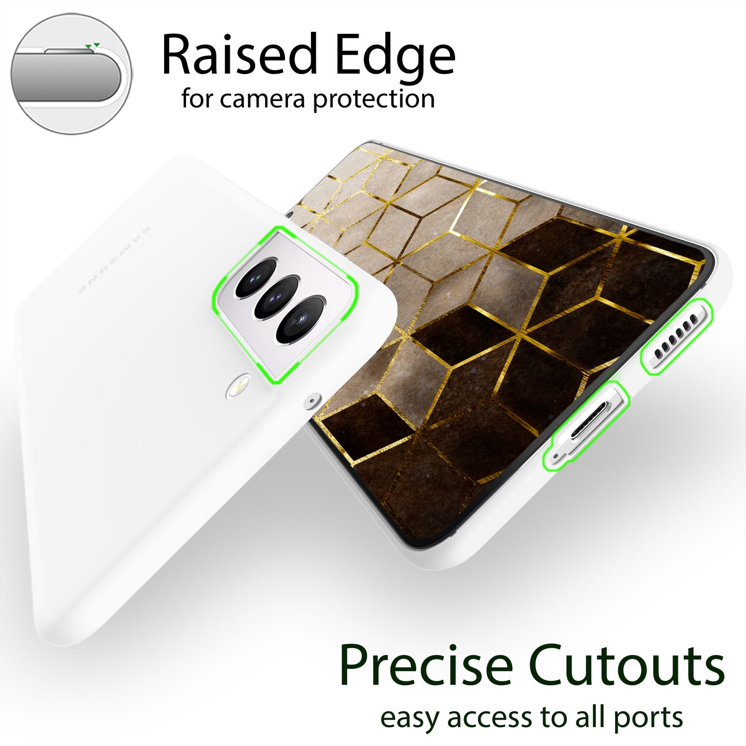 Eine weiße Handyhülle mit grünen Akzenten und einem geometrischen Design. Der Text lautet 'Raised Edge' und 'Precise Cutouts'.