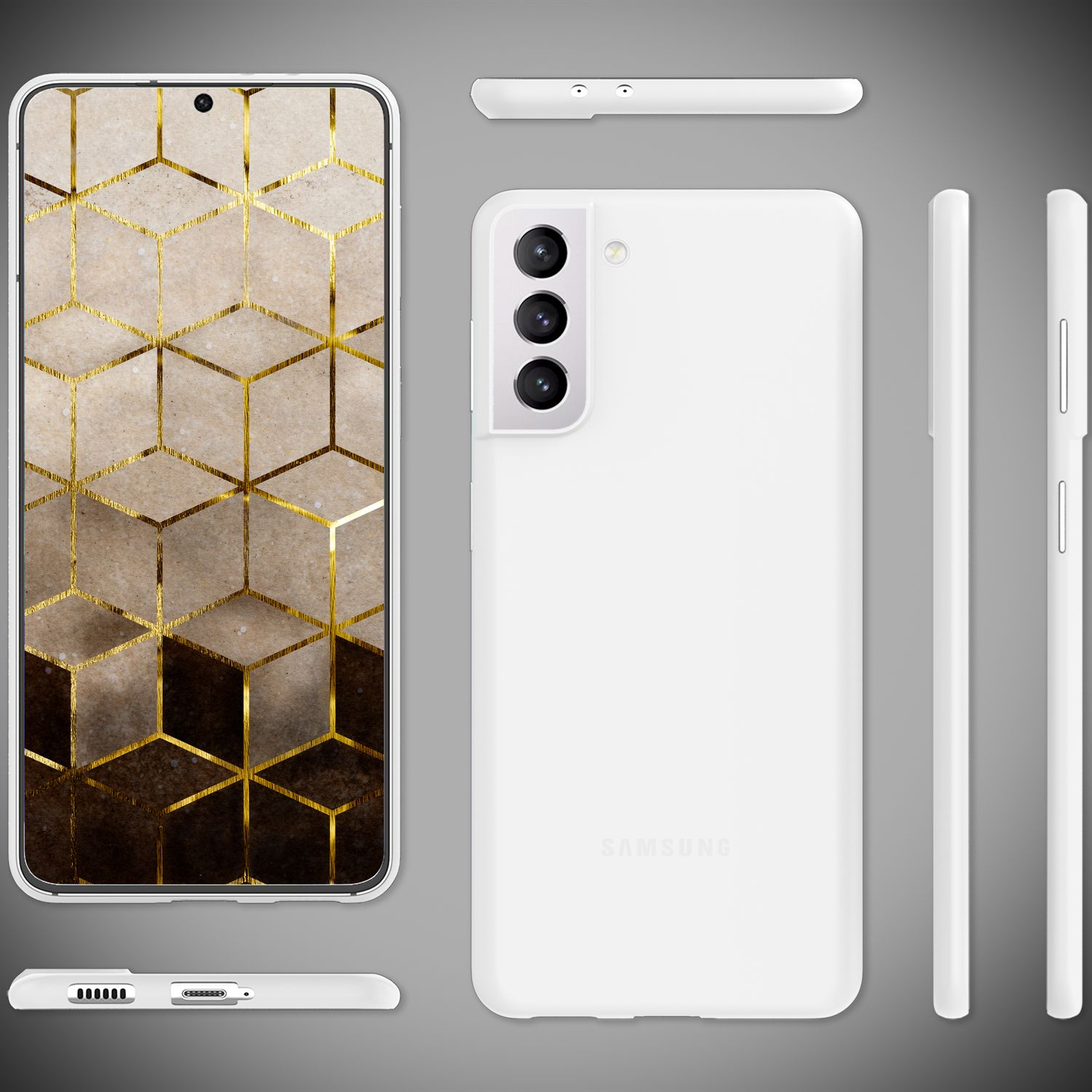 Weißes Smartphone mit geometrischem Gold- und Braundesign auf dem Bildschirm. Das Telefon wird aus verschiedenen Winkeln gezeigt.
