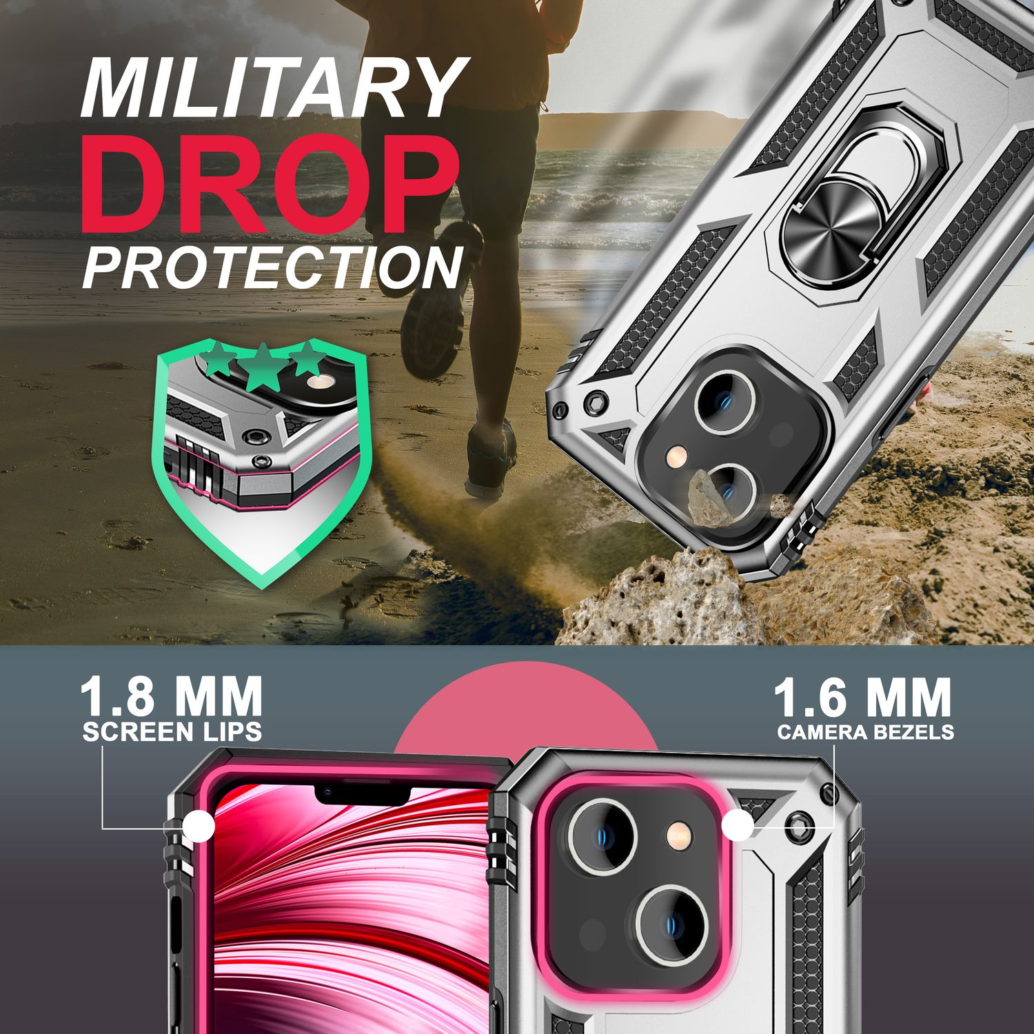 Se muestra una funda para teléfono con protección contra caídas de grado militar. Cuenta con bordes de pantalla y biseles de cámara. Un corredor está en el fondo.