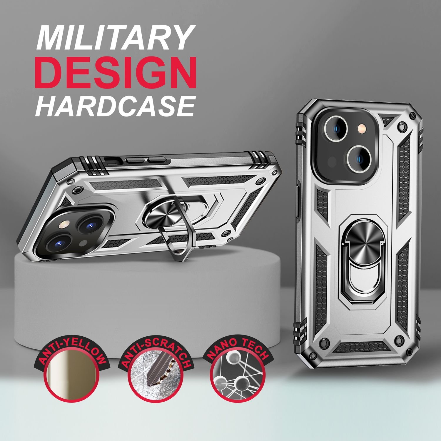 Funda rígida de diseño militar plateada. Se muestran etiquetas antiamarilleo, antiarañazos y nanotecnología. Se muestran dos fundas.