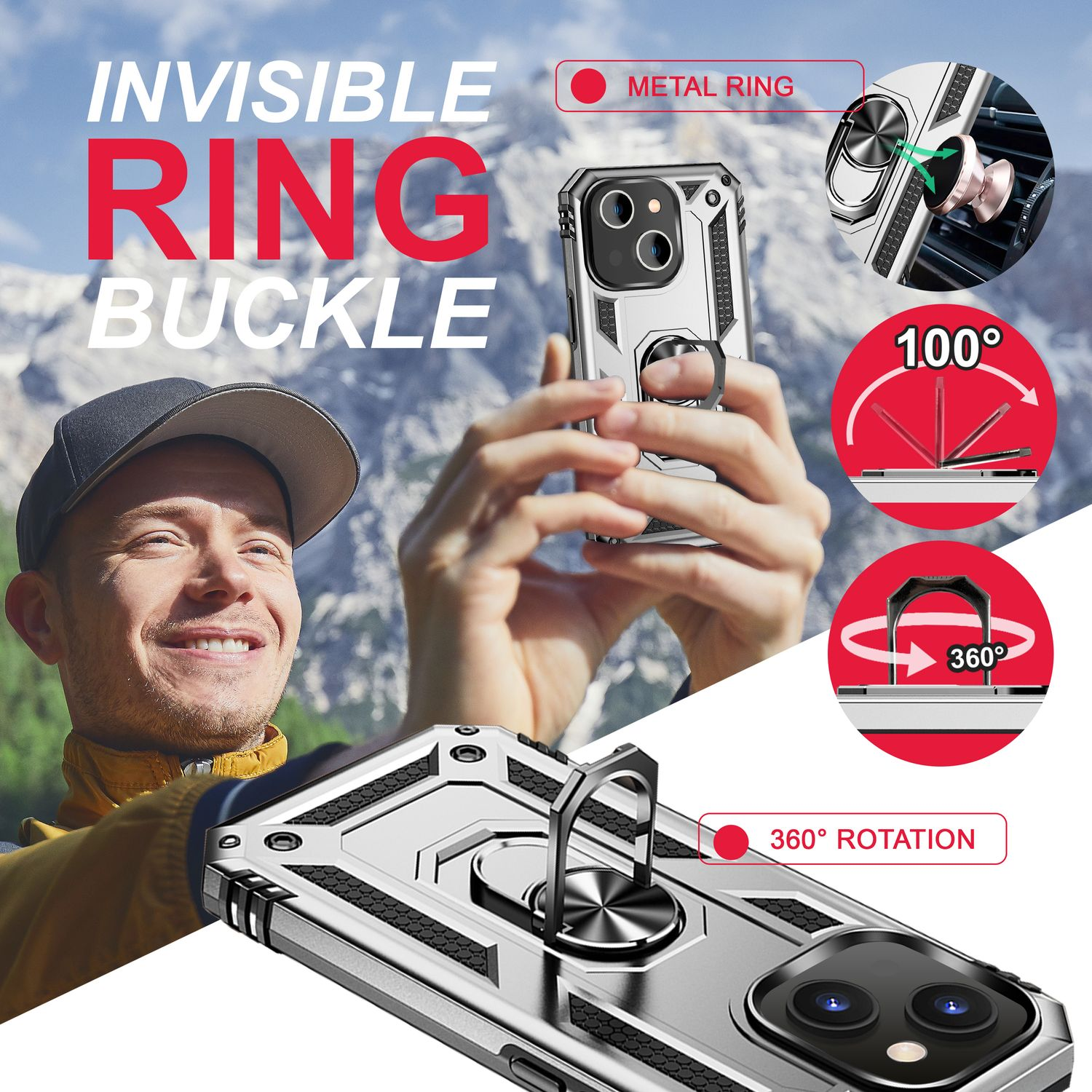 Un hombre sostiene una funda de teléfono con hebilla de anillo. Texto: 'Invisible Ring Buckle.' Diagramas muestran ángulos de rotación.