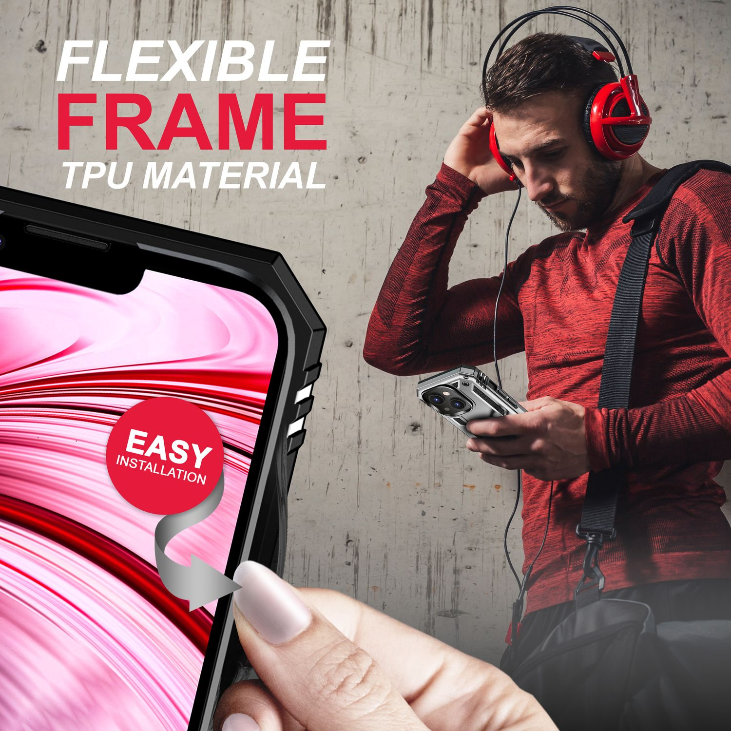 Hombre con auriculares sosteniendo un teléfono. Se está instalando una funda. El texto dice 'Flexible Frame TPU Material Easy Installation'.