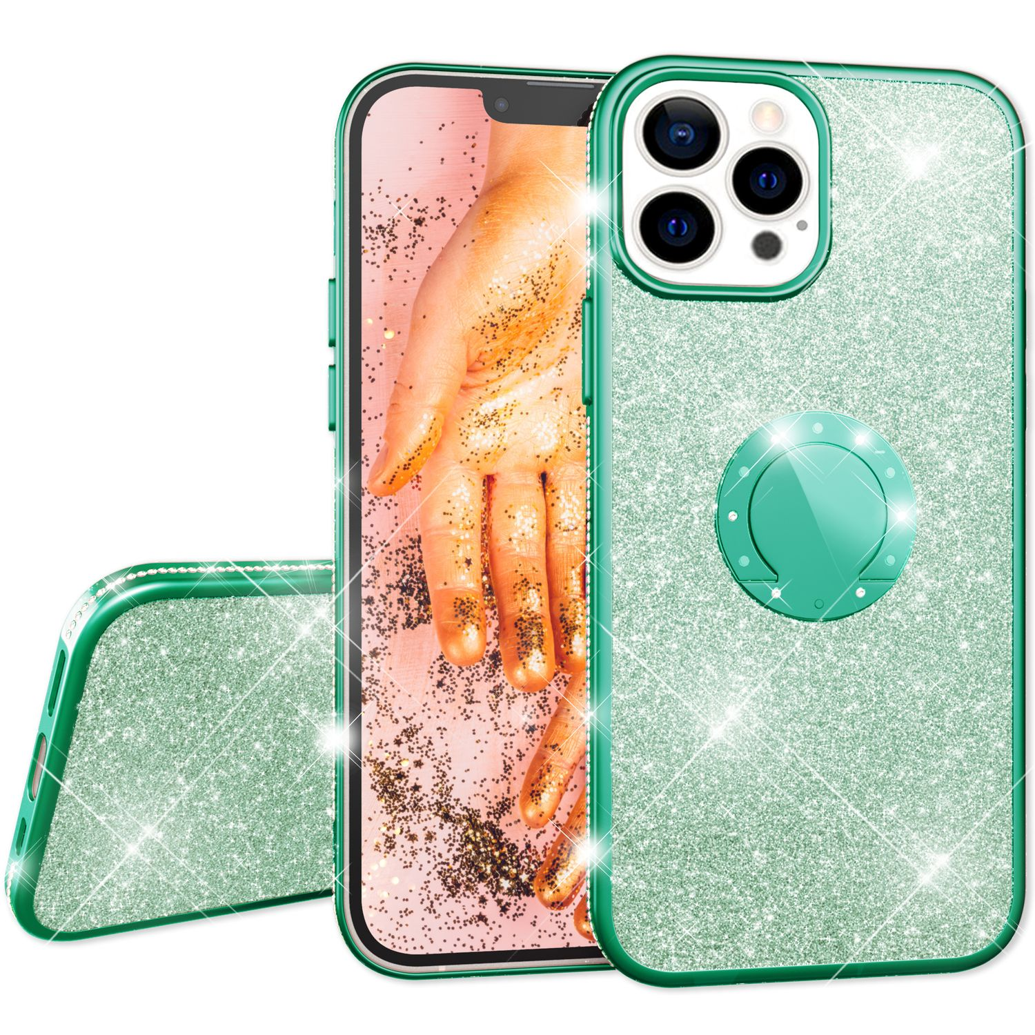 Una funda de teléfono verde brillante con un soporte de anillo. El teléfono muestra una mano cubierta de purpurina. Una tercera parte de la funda es visible.