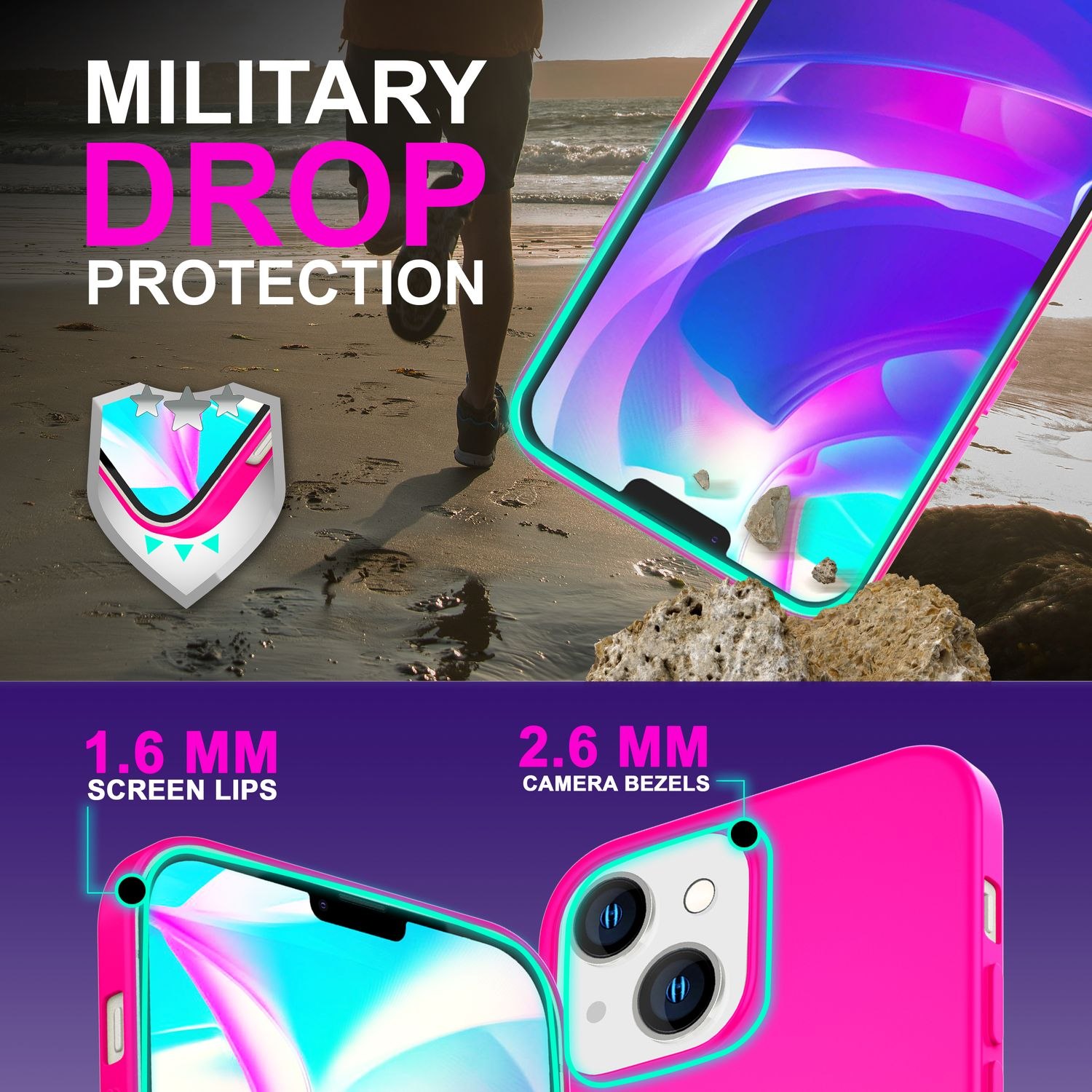 L'immagine mostra una custodia per telefono con protezione dalle cadute. Ha bordi rosa, accenti verdi e uno sfondo di spiaggia con una persona che corre.
