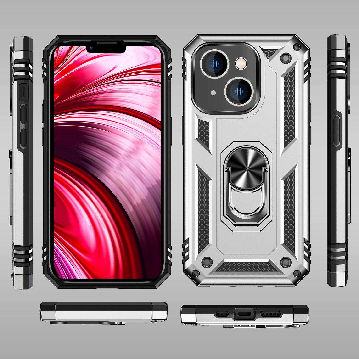 Funda de teléfono con marco negro y parte trasera plateada, con soporte de anillo. La pantalla del teléfono muestra un patrón rojo y blanco.
