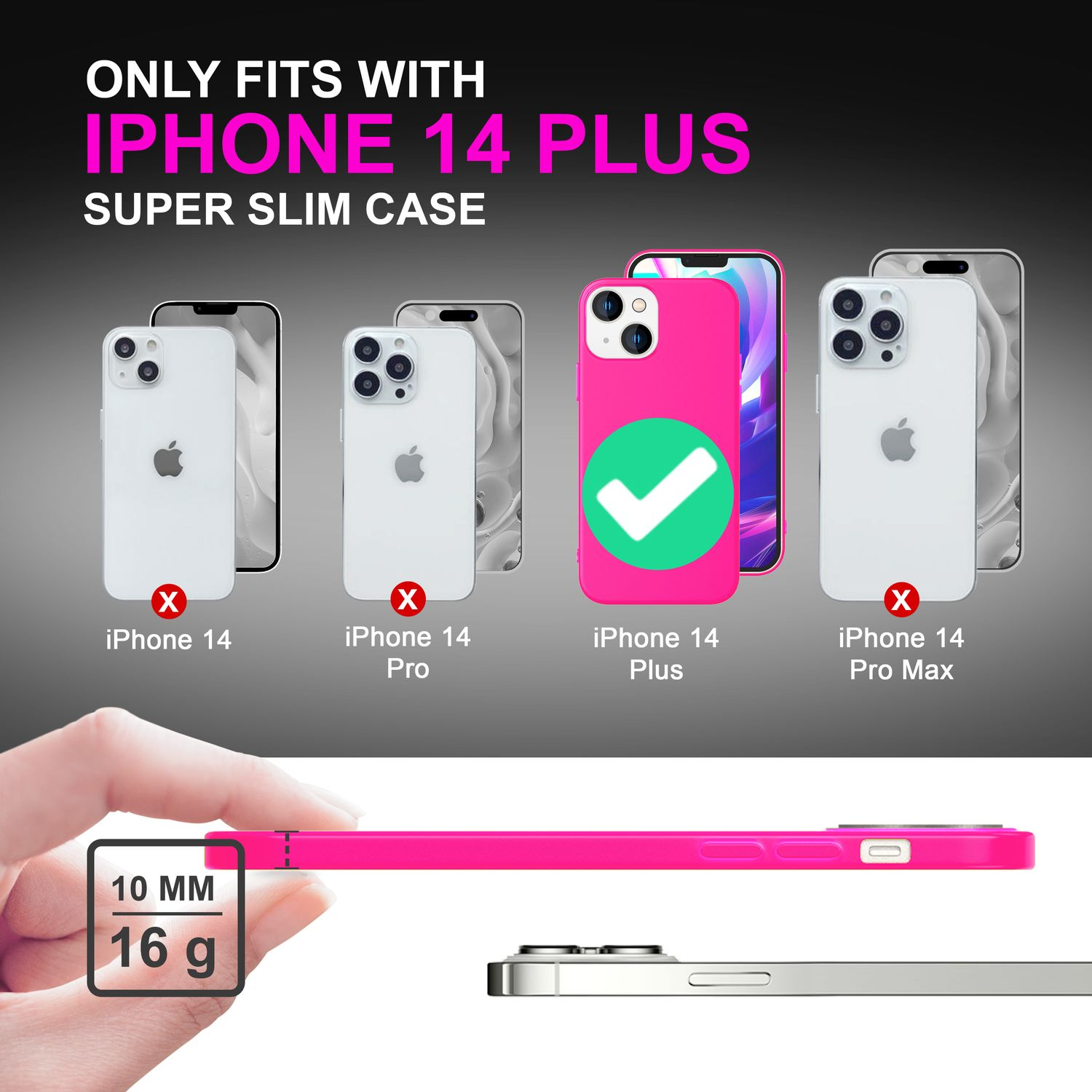 L'immagine mostra la compatibilità della custodia per iPhone 14 Plus. Telefoni mostrati: iPhone 14, Pro, Plus, Pro Max. Il Plus è compatibile. La custodia è rosa.