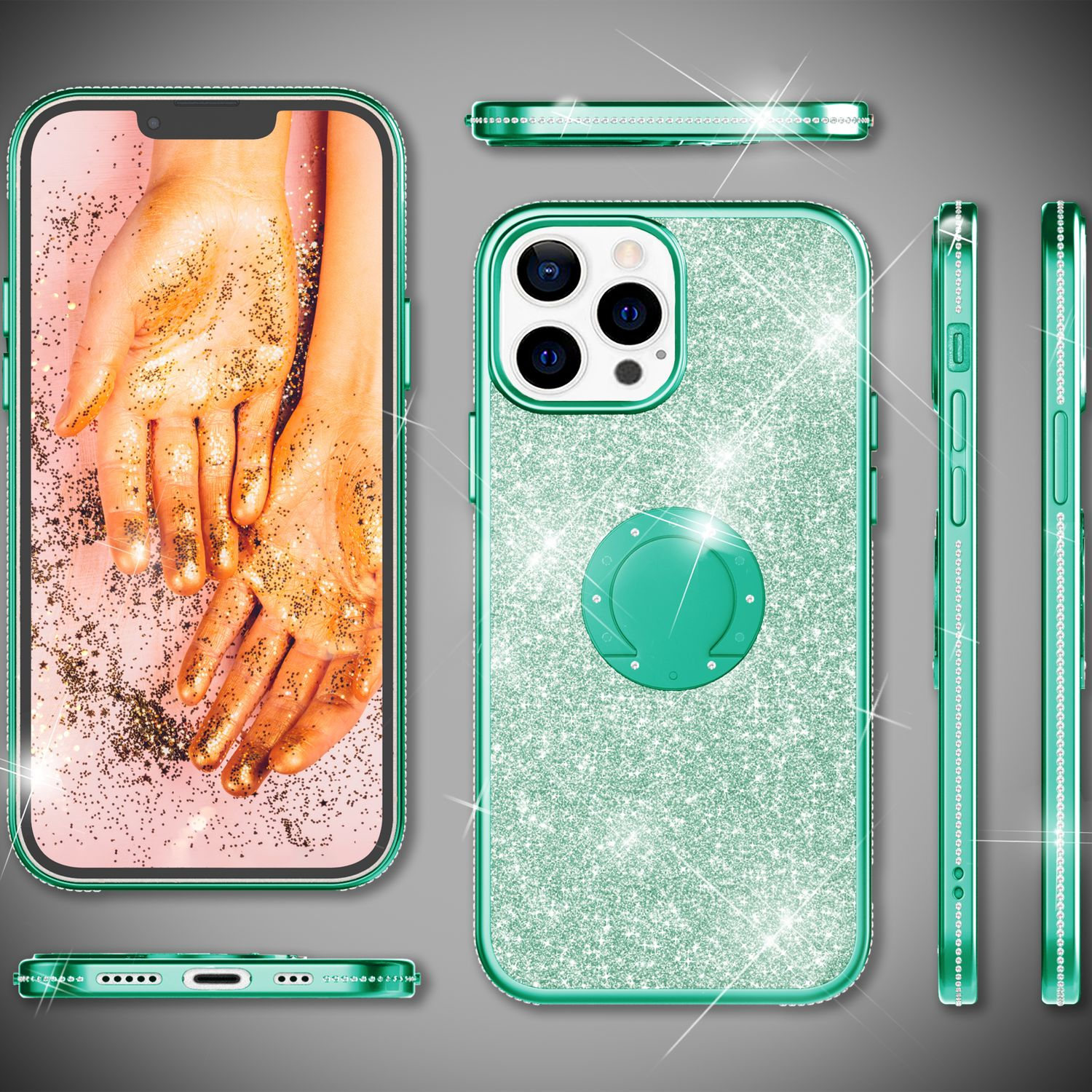 Una funda y un teléfono con purpurina. El teléfono muestra manos con purpurina dorada. La funda es verde con brillos.
