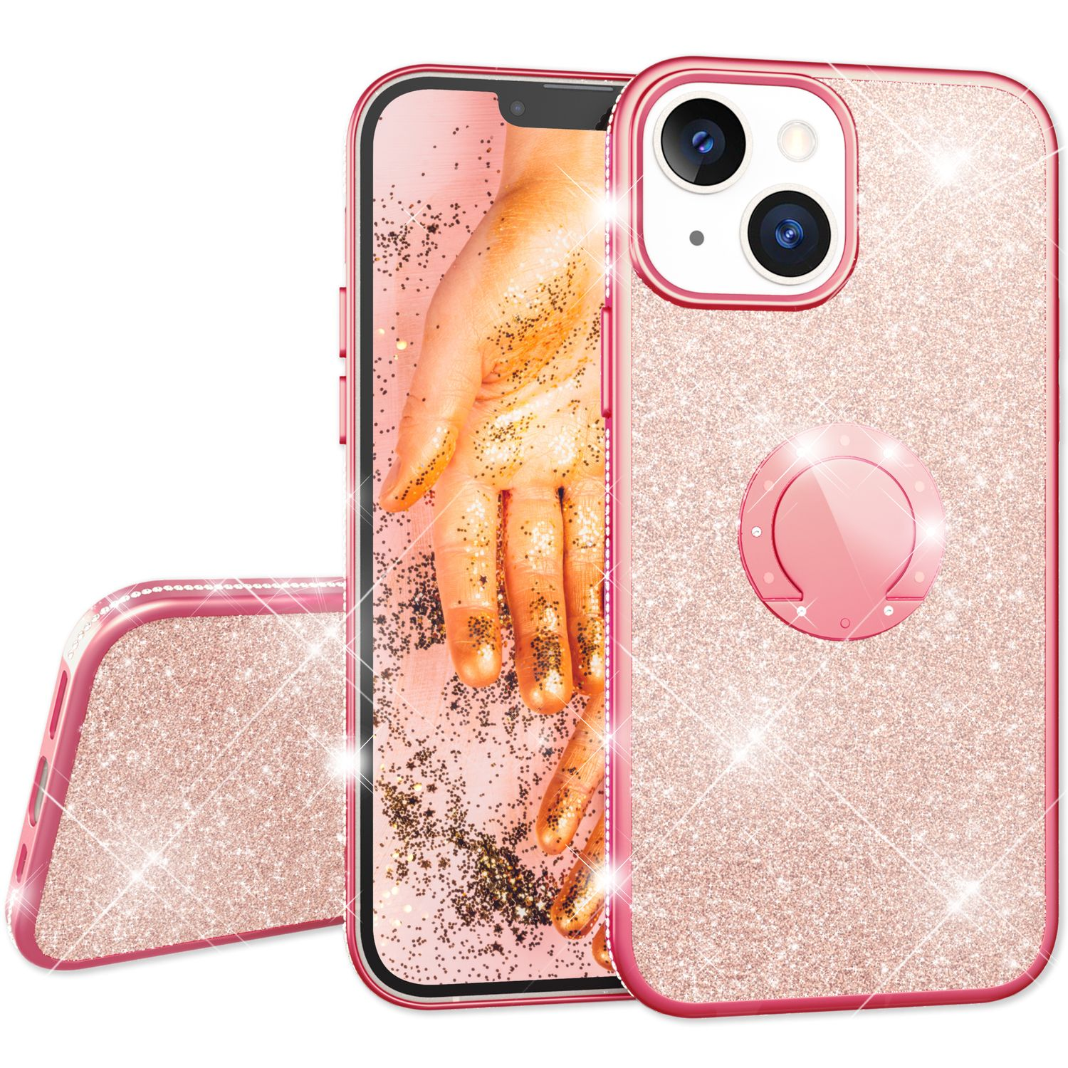 Una funda de teléfono rosa brillante con un teléfono dentro. La pantalla muestra una mano con purpurina dorada. Hay un soporte de anillo en la parte posterior.