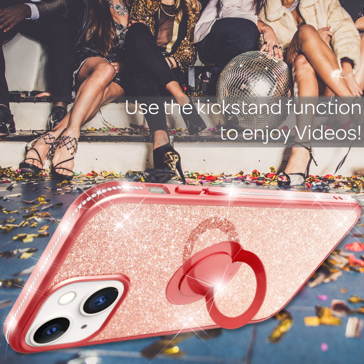 Funda de teléfono rosa con purpurina, un anillo y una cámara. Gente en el fondo, confeti. Texto: ¡Usa la función de soporte para disfrutar de videos!