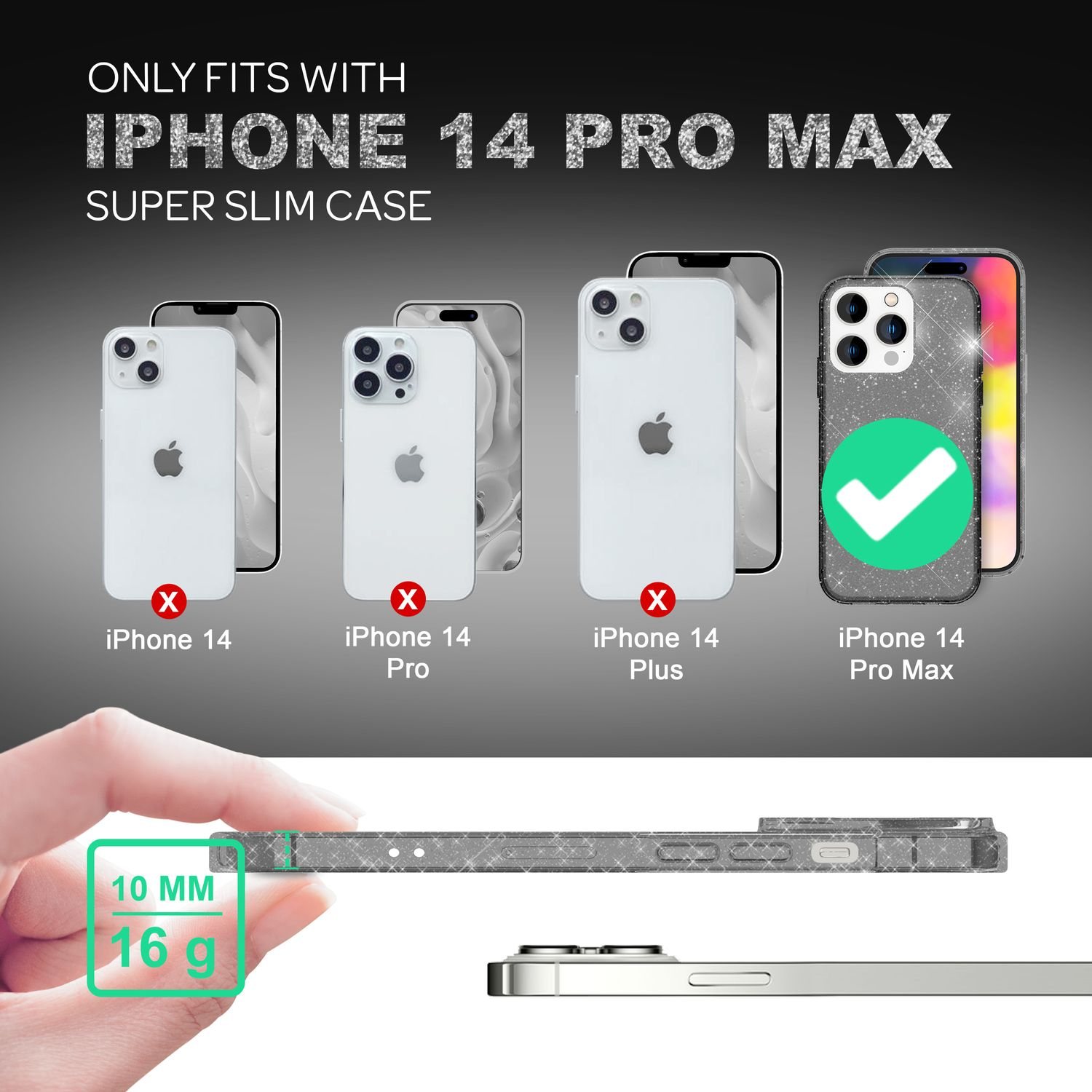 L'immagine mostra iPhone 14 Pro Max con custodia. Altri modelli sono barrati. Dettagli: spessore 10 mm, peso 16 g.