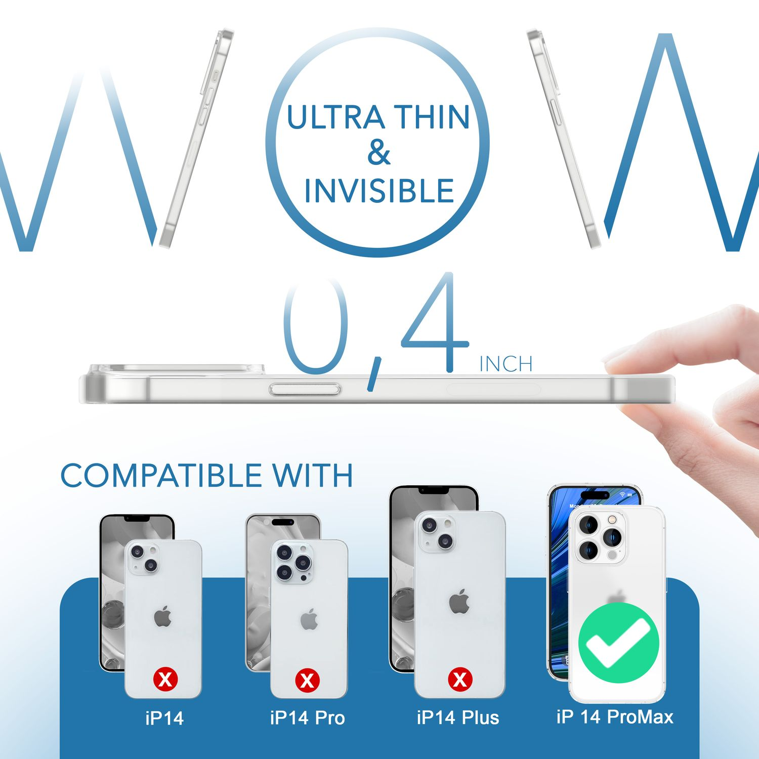 Se muestra una funda de teléfono con un iPhone. El texto dice 'Ultra delgado e invisible' y 'compatible con' cuatro modelos de teléfono.