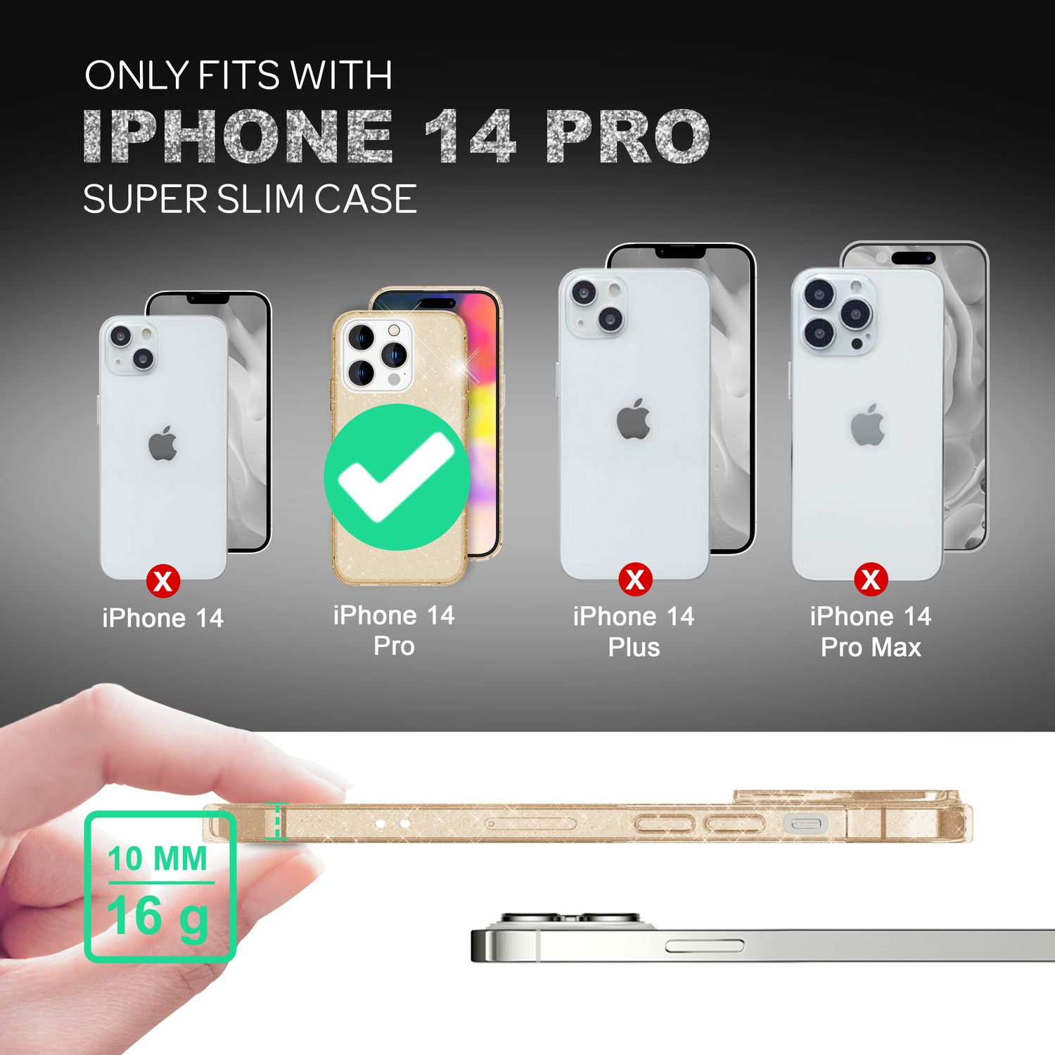 L'immagine mostra la compatibilità della custodia iPhone 14 Pro. I telefoni sono visualizzati, con evidenziato solo il modello Pro. Sono visibili anche i dettagli di misurazione.