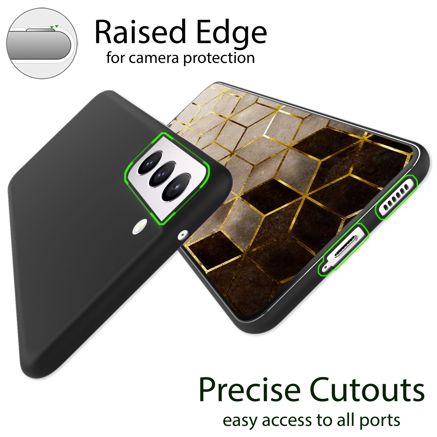 Schwarze Handyhülle mit grünem Rand und Kameraausschnitten. Die Rückseite hat ein goldenes und braunes geometrisches Design. Text: 'Raised Edge' und 'Precise Cutouts'.