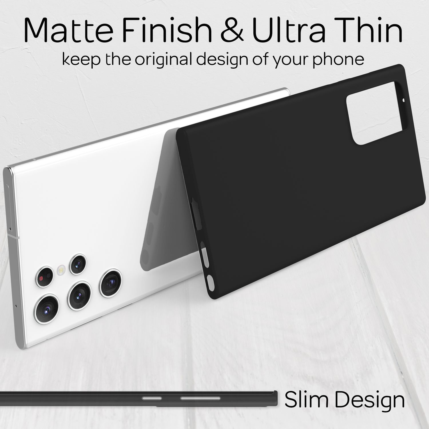 Ein weißes Telefon und eine schwarze Telefonhülle sind abgebildet. Die Hülle liegt auf einer weißen Oberfläche. Der Text oben lautet 'Matte Finish & Ultra Thin'.