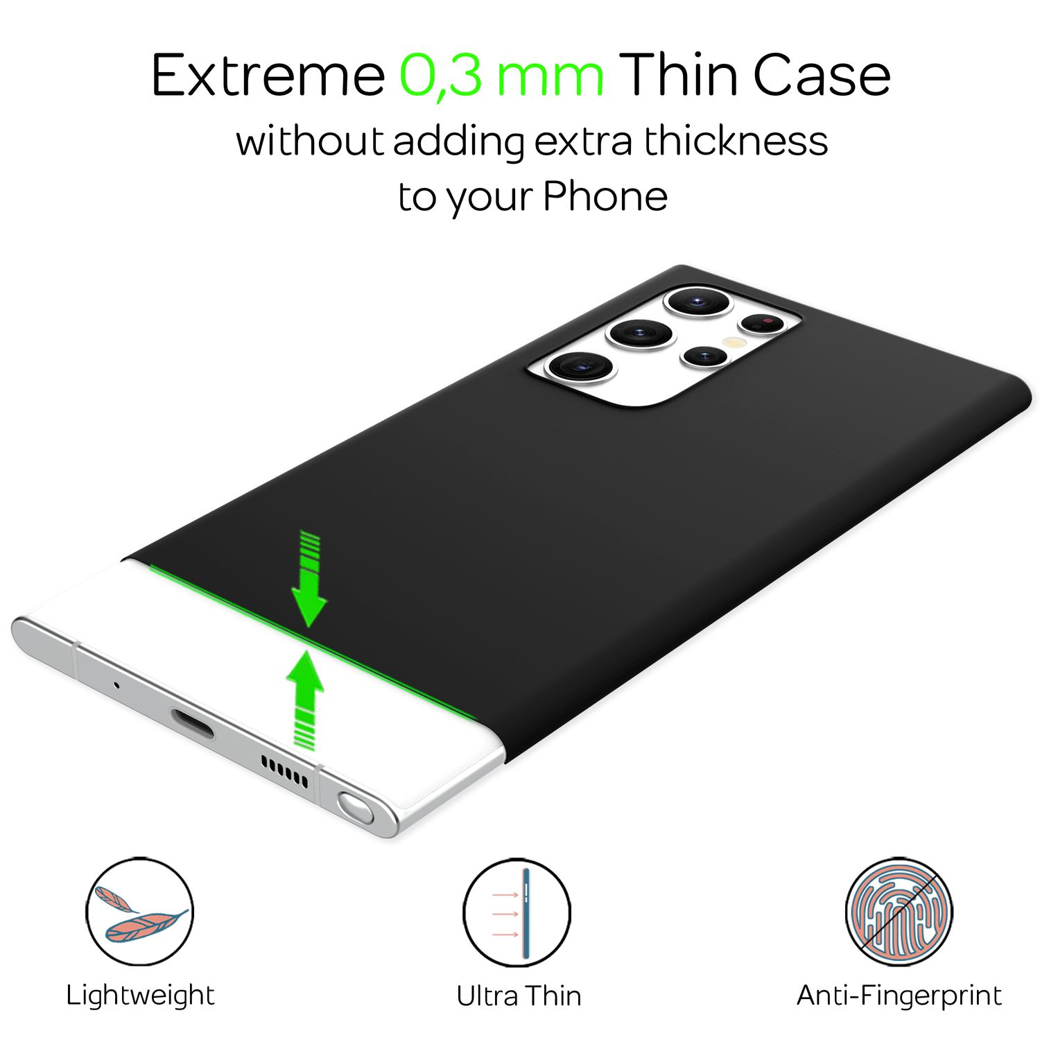 Eine schwarze Handyhülle auf weißem Hintergrund. Der Text lautet 'Extreme 0,3 mm Thin Case'. Symbole: leicht, ultradünn, Anti-Fingerprint.