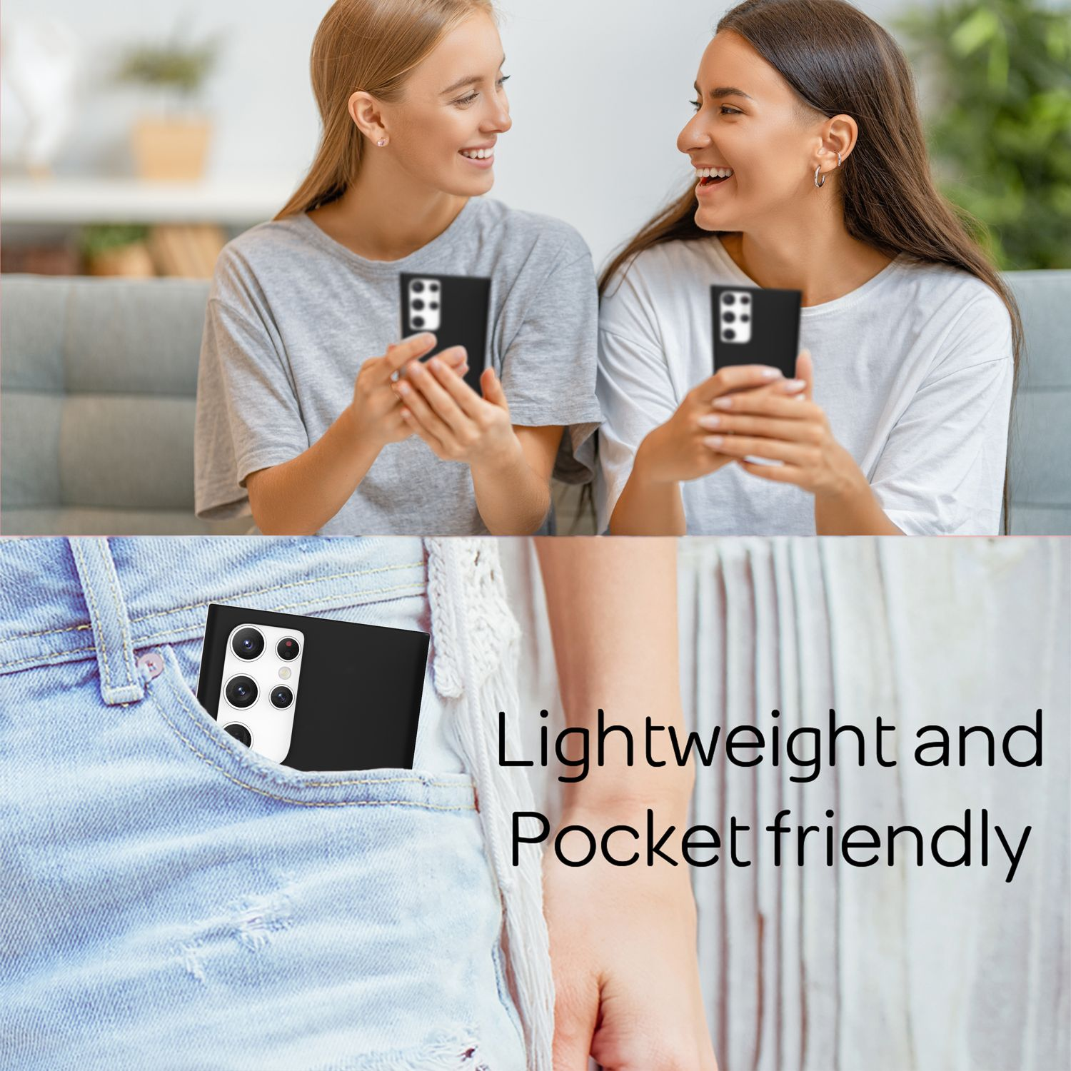 Zwei Frauen halten Telefone und lächeln. Ein Telefon befindet sich in einer Tasche. Text: 'Leicht und Taschenfreundlich'.