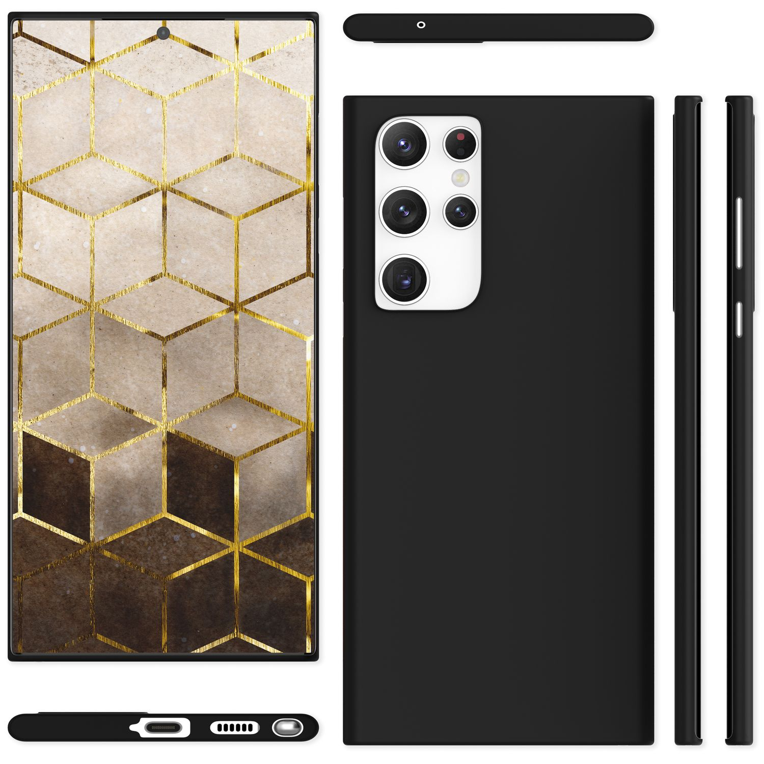 Ein Telefon mit schwarzer Hülle. Der Bildschirm zeigt ein Würfelmuster in Gold und verschiedenen Braun- und Beigetönen.