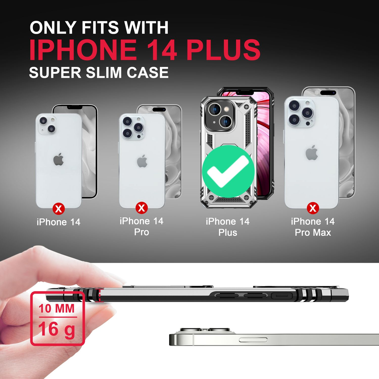 La imagen muestra fundas para iPhone, con el iPhone 14 Plus destacado. El texto indica compatibilidad y dimensiones: 10 mm, 16 g.
