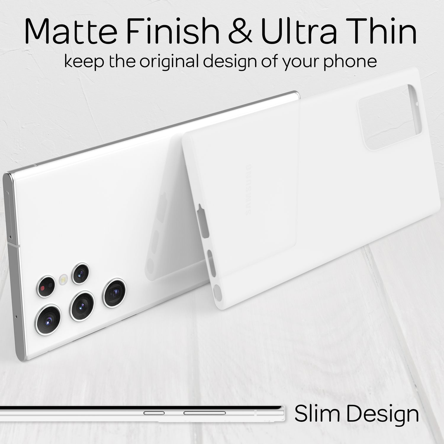 Weiße Handyhülle mit mattem Finish. Telefon und Hülle liegen auf einer weißen Holzoberfläche. Text: 'Matte Finish & Ultra Thin'.