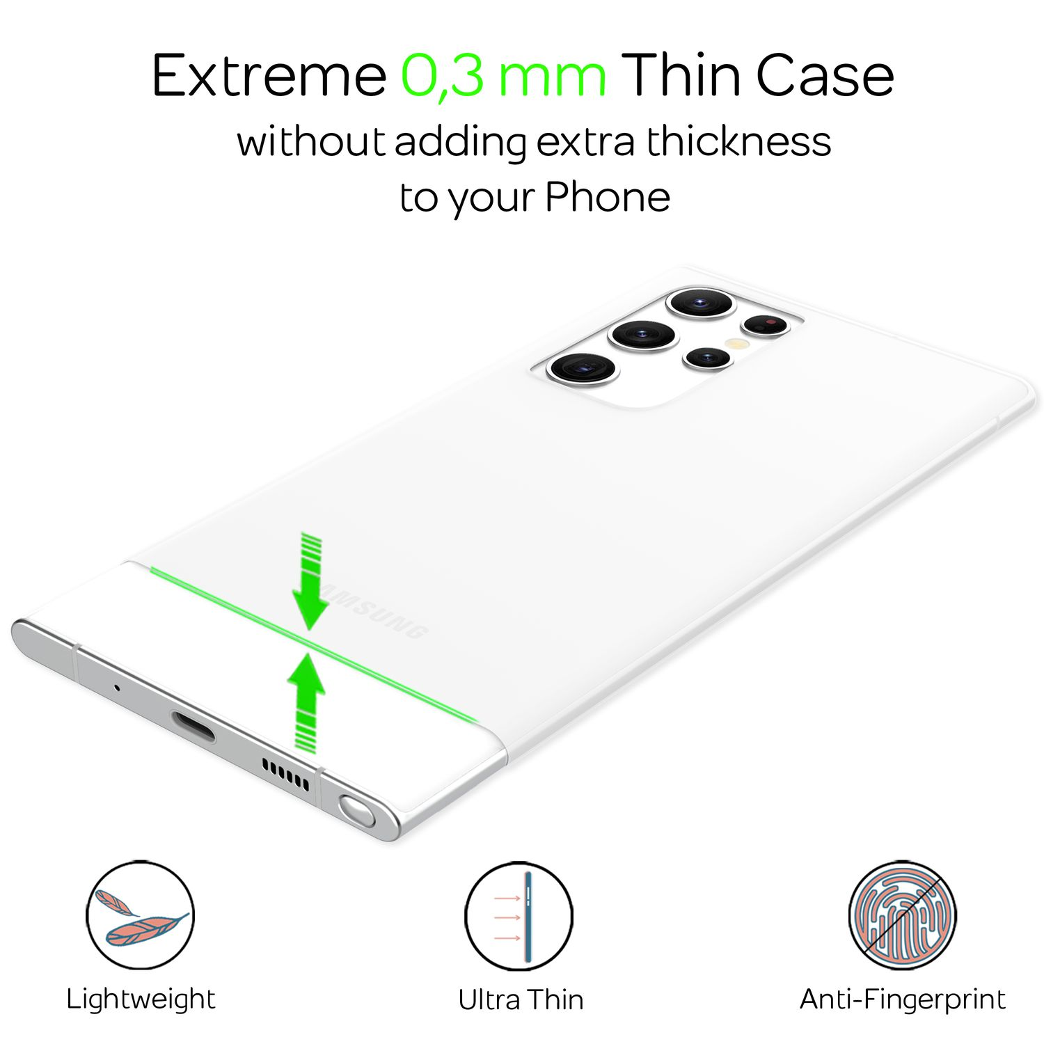 Gezeigt wird eine weiße Handyhülle, die ihre Dünne hervorhebt. Der Text oben lautet 'Extreme 0,3 mm Thin Case'.